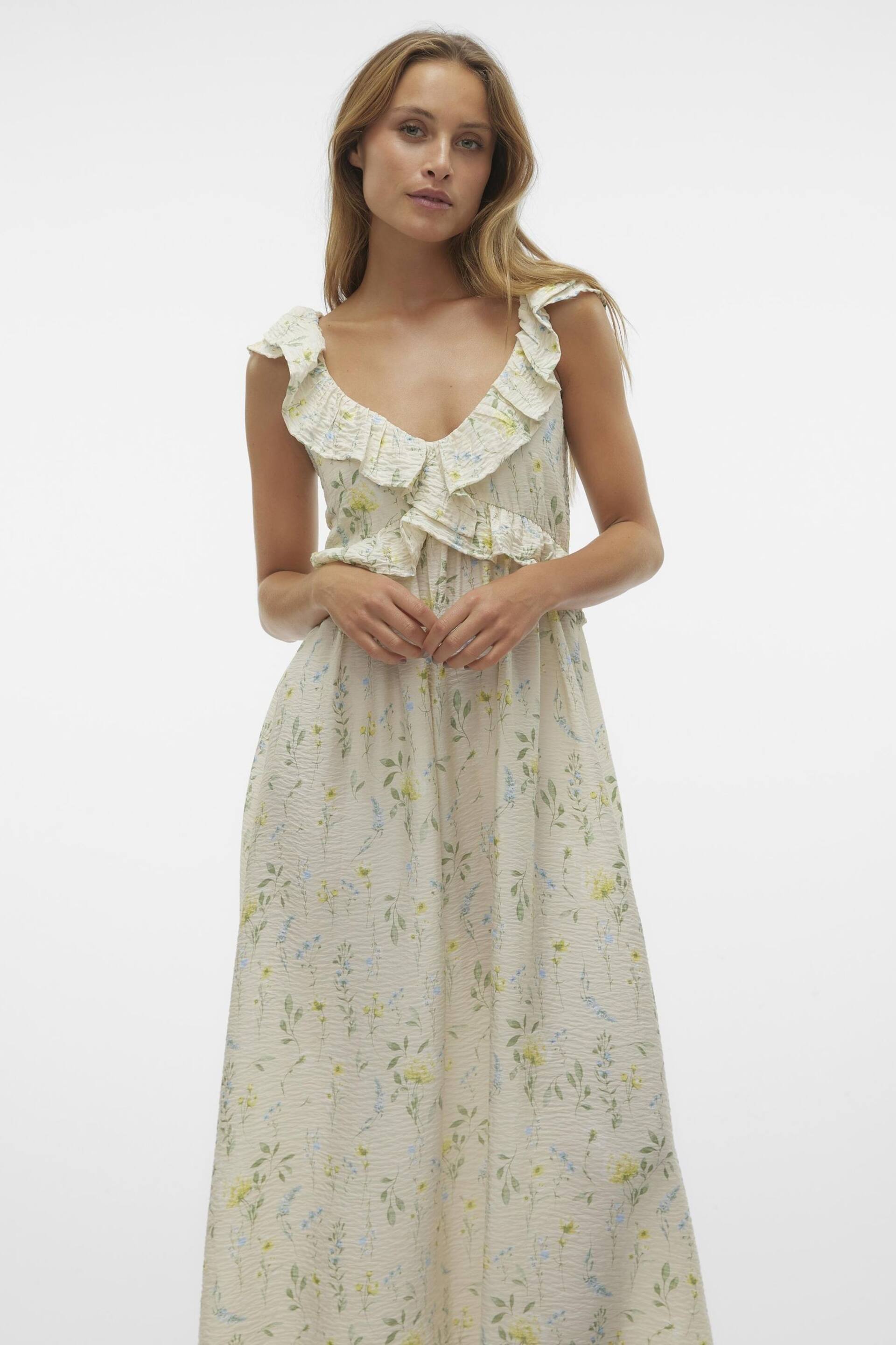 VERO MODA Cream Ruffle Tie Back Floral Maxi Dress - Image 3 of 6