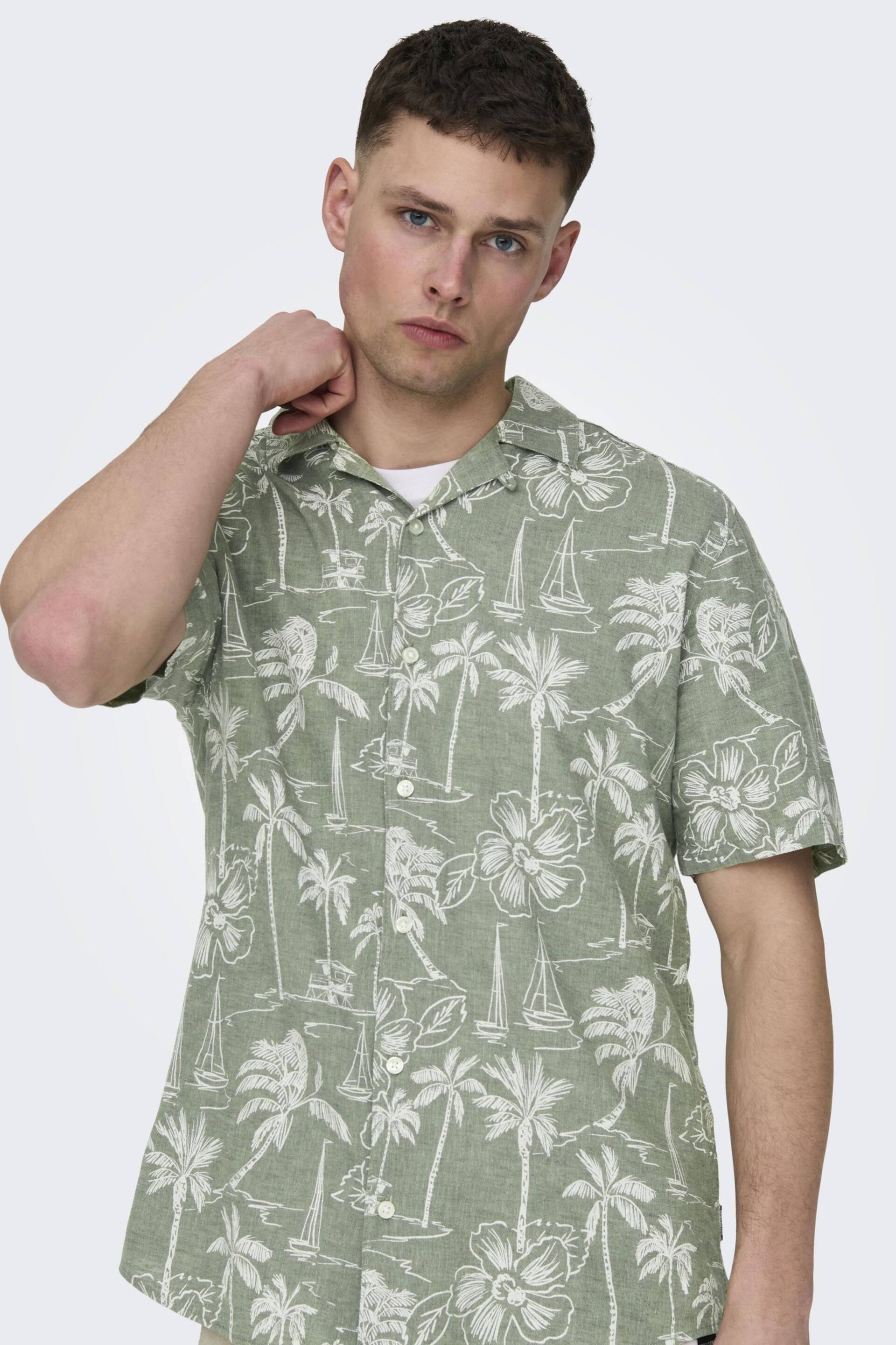 Only & Sons Green Printed Linen Resort Shirt - Image 3 of 6