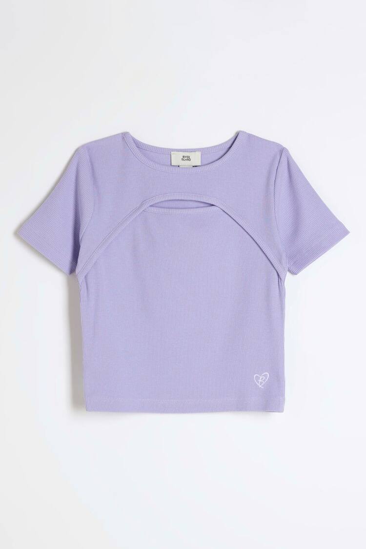 River Island Blue 100% Cotton Girls Rib Cut Out T-Shirt - Image 1 of 3