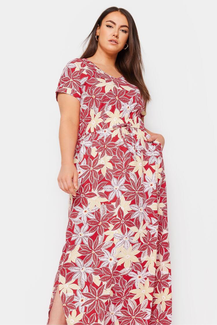 Yours Curve Red 100% Cotton Side Split Drawcord Maxi Dress - Image 2 of 5