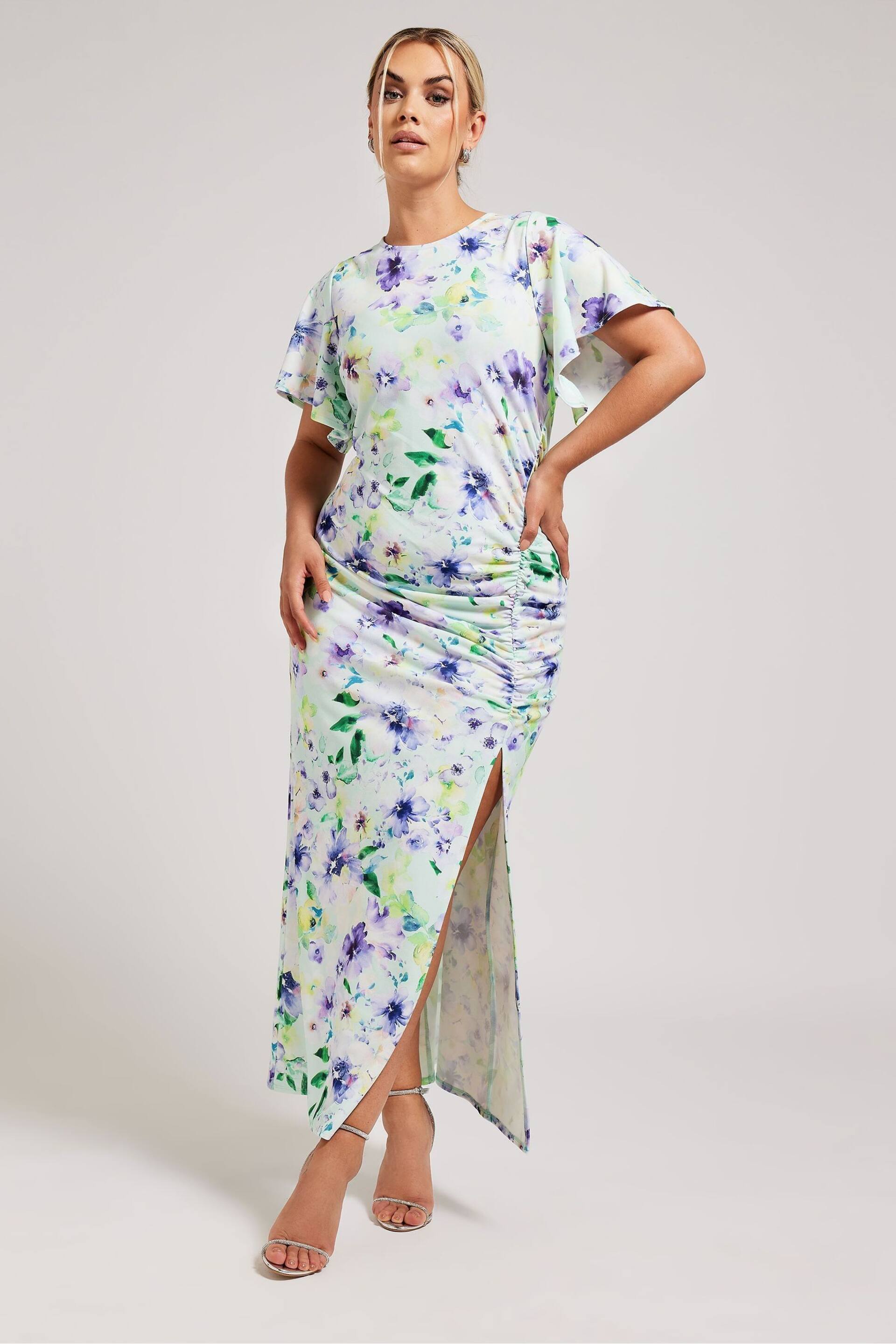 Yours Curve Green Floral Print Gathered Dress - Image 1 of 5