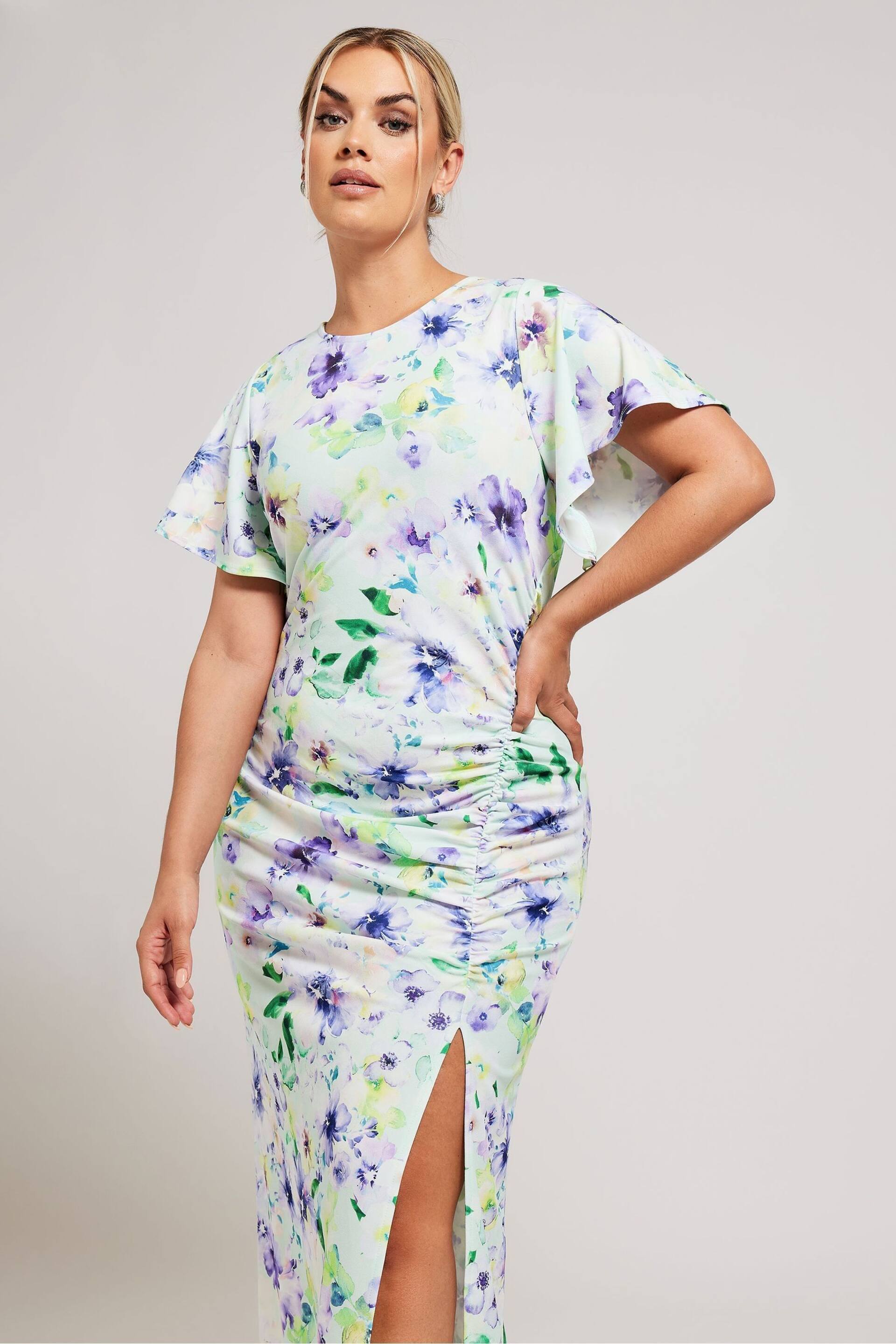 Yours Curve Green Floral Print Gathered Dress - Image 2 of 5