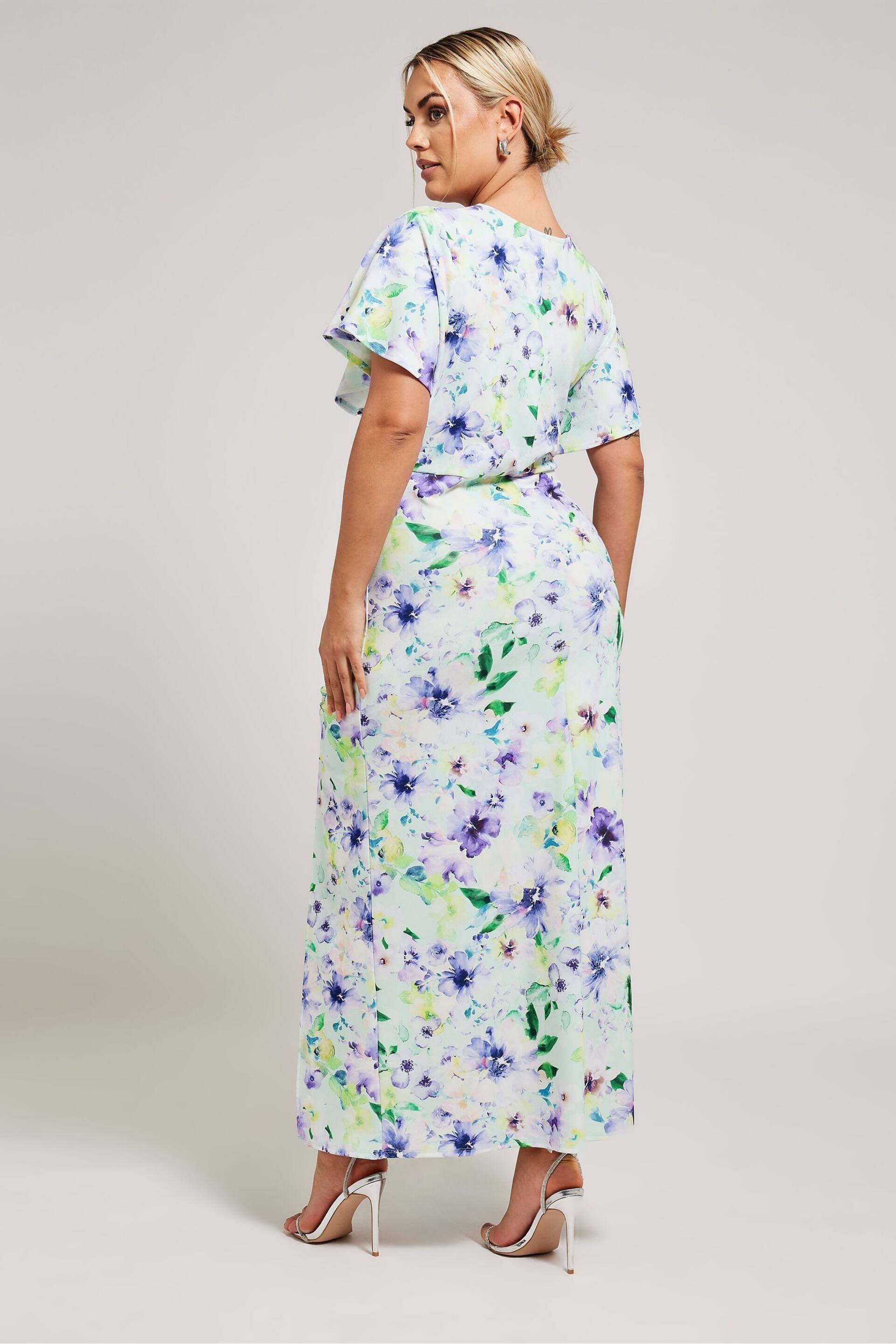 Yours Curve Green Floral Print Gathered Dress - Image 3 of 5