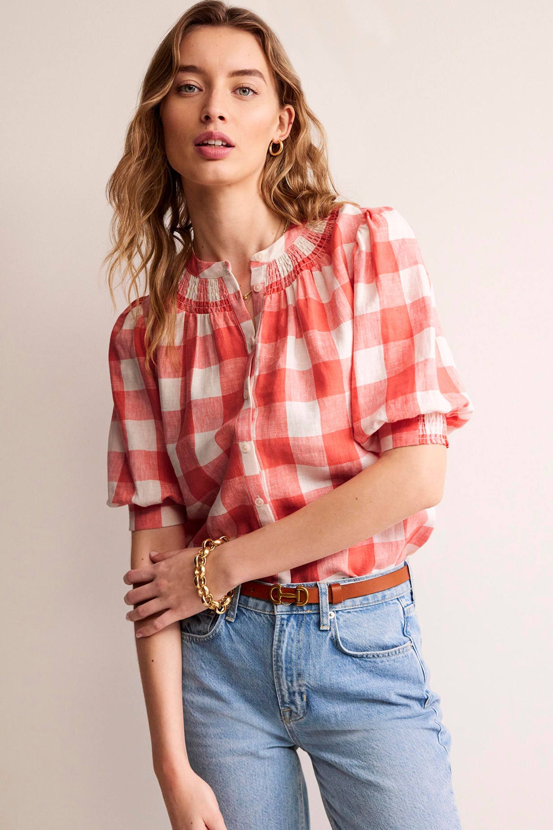 Boden Pink Ada Linen Gingham Top - Image 3 of 5