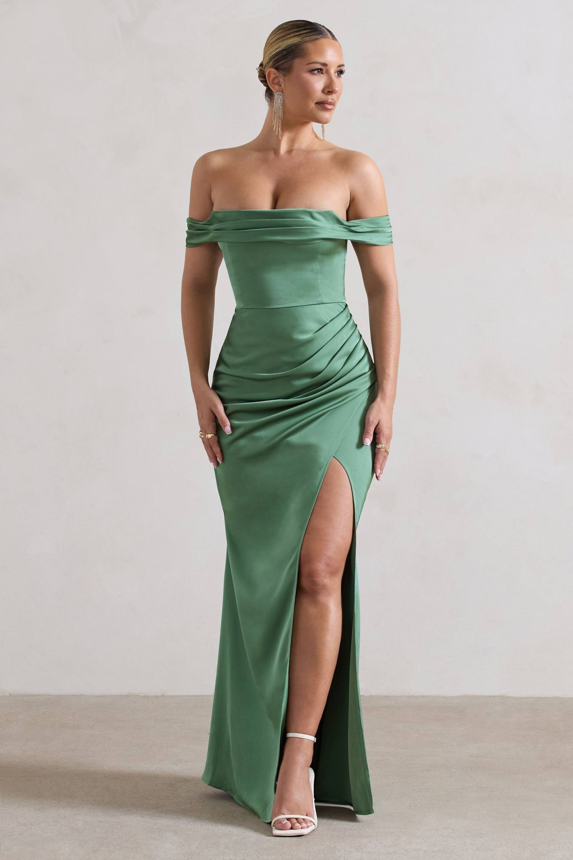 Club L London Green Katia Satin Bardot Fishtail Maxi Dress - Image 1 of 5