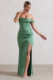 Club L London Green Katia Satin Bardot Fishtail Maxi Dress - Image 2 of 5