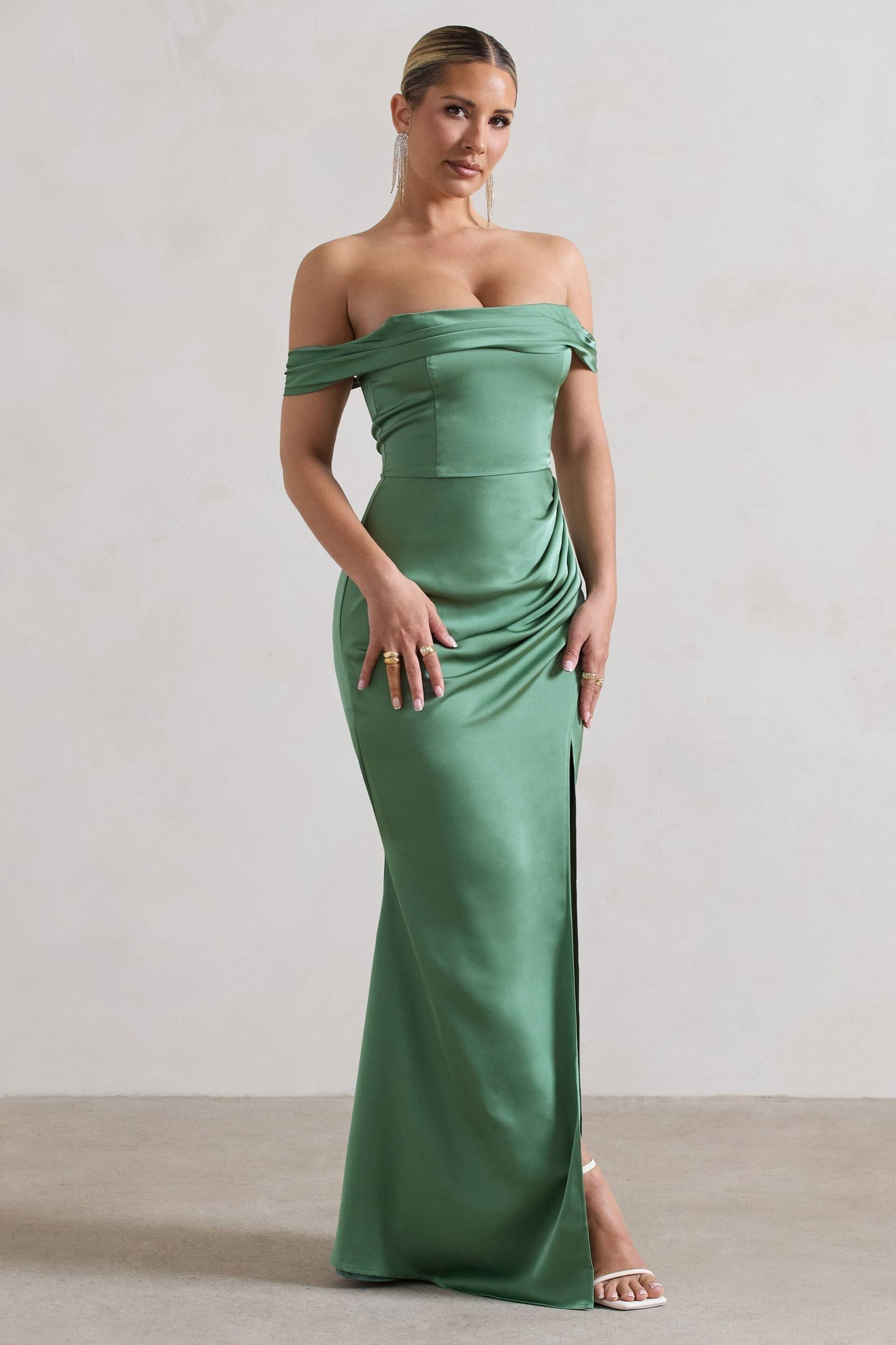 Club L London Green Katia Satin Bardot Fishtail Maxi Dress - Image 3 of 5