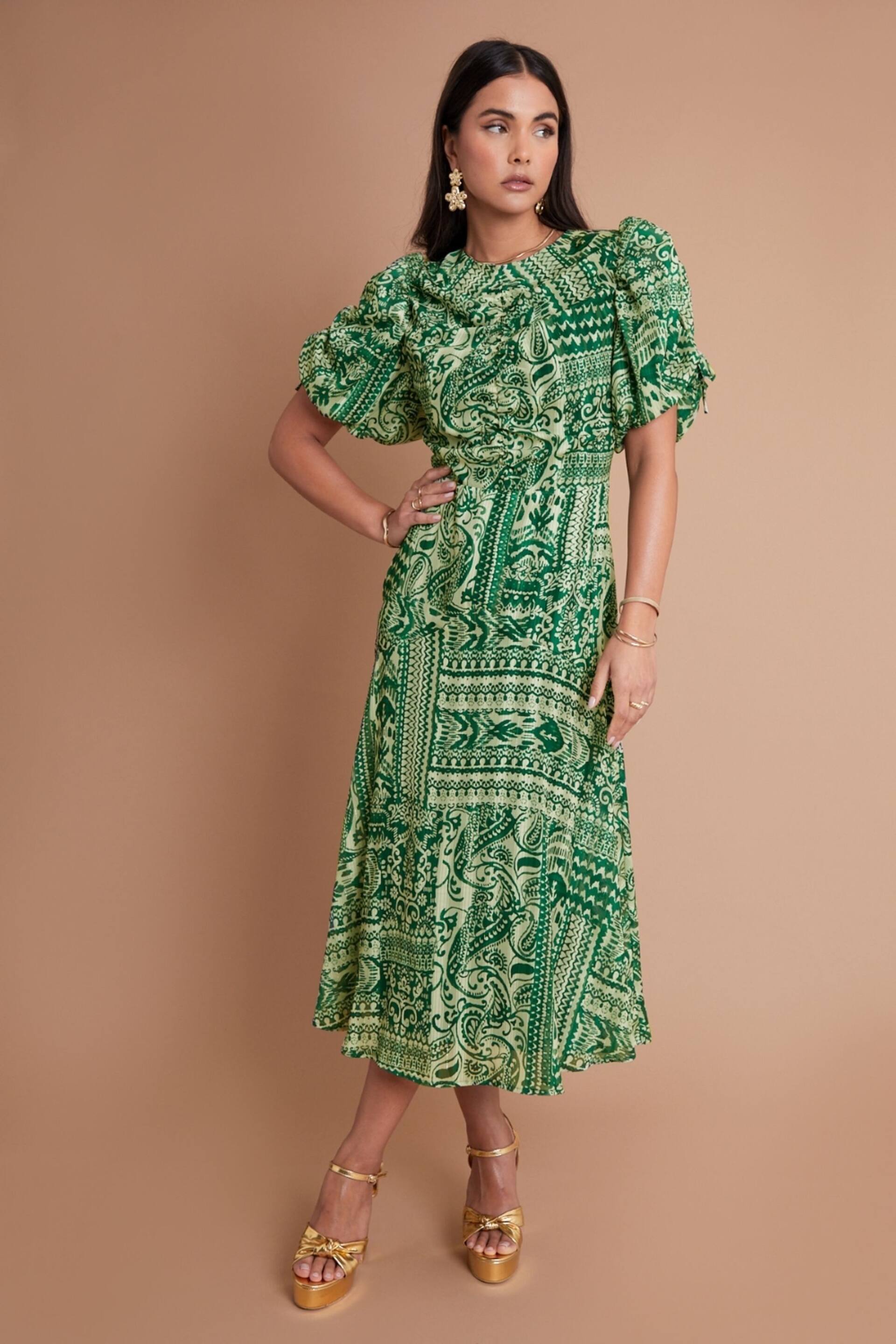 Another Sunday Green Sparkle Aztec Puff Sleeve Midi Dress - Image 1 of 6