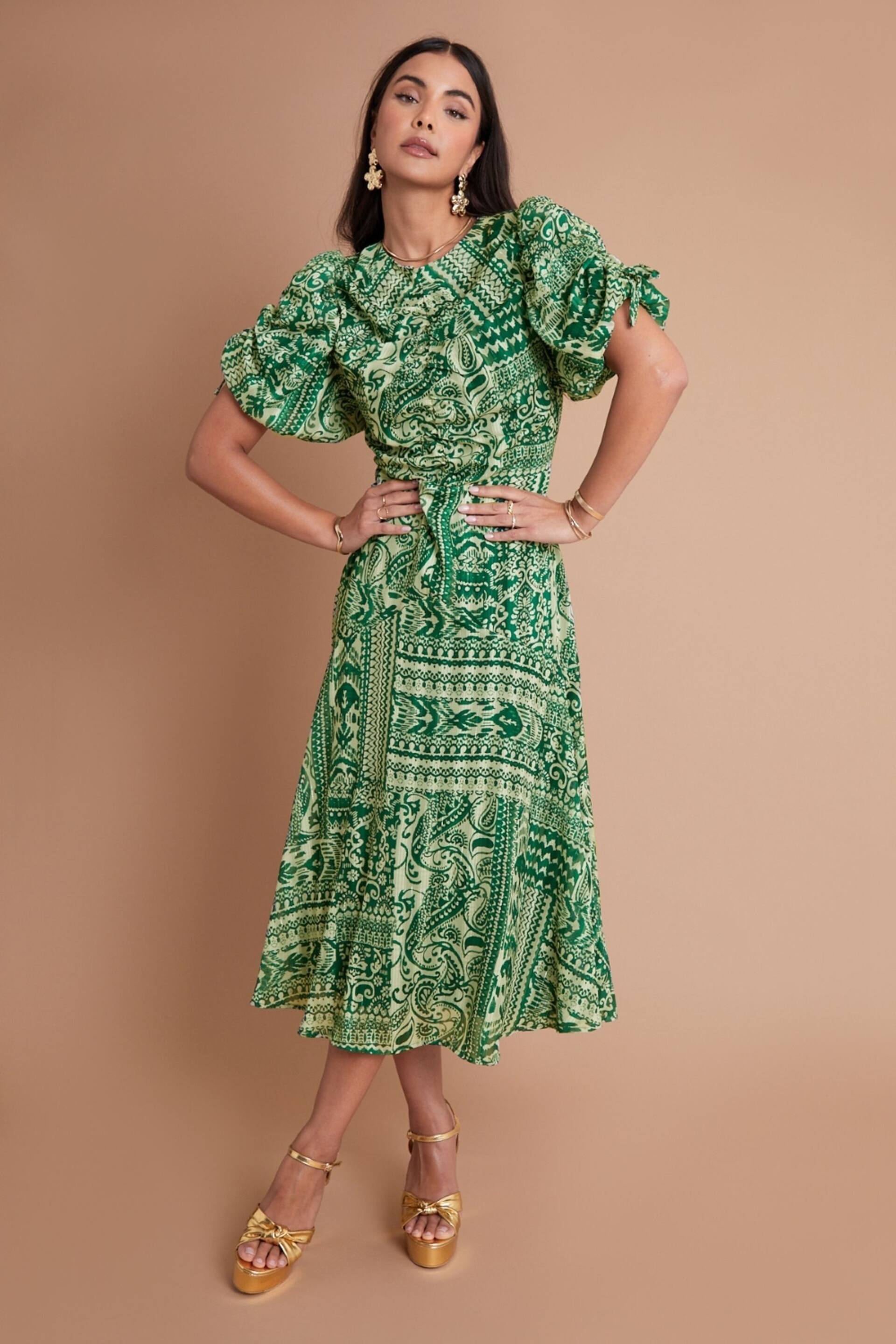 Another Sunday Green Sparkle Aztec Puff Sleeve Midi Dress - Image 2 of 6