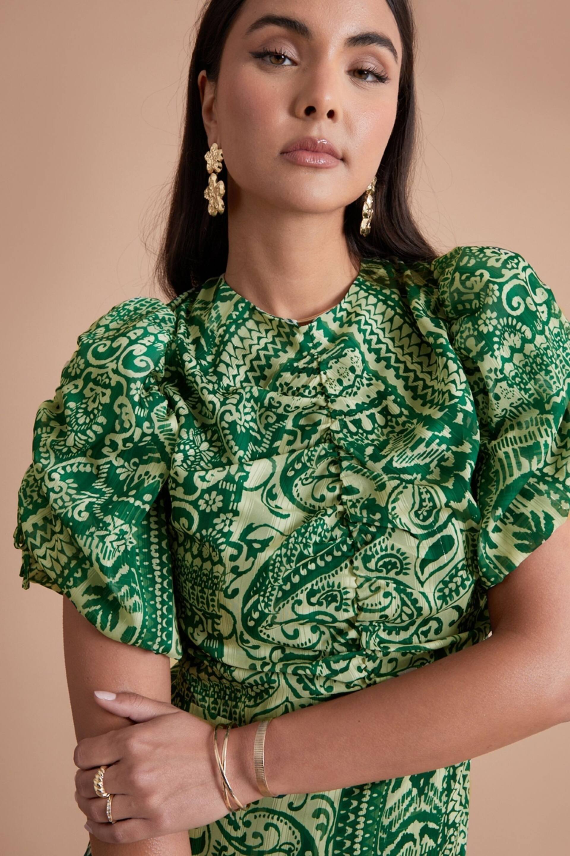 Another Sunday Green Sparkle Aztec Puff Sleeve Midi Dress - Image 3 of 6