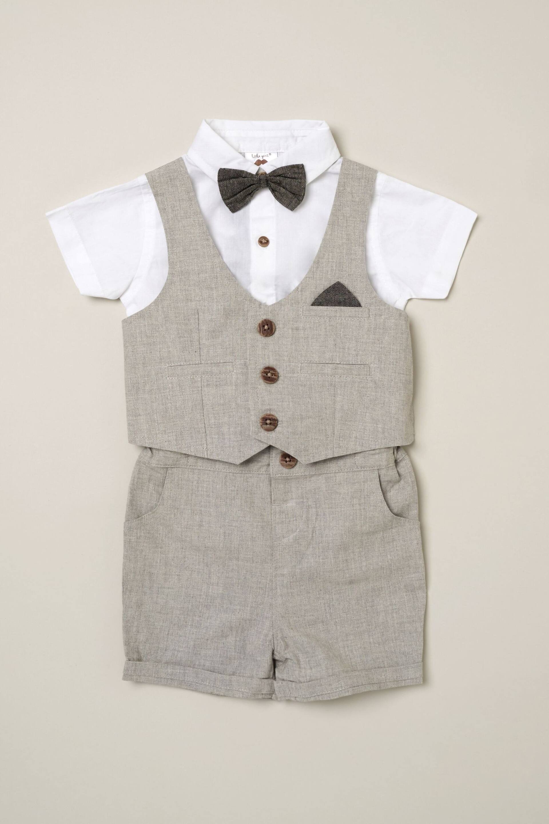 Little Gent Grey Shirt Bodysuit Bowtie Shirt, Waistcoat & Short Set - Image 1 of 4
