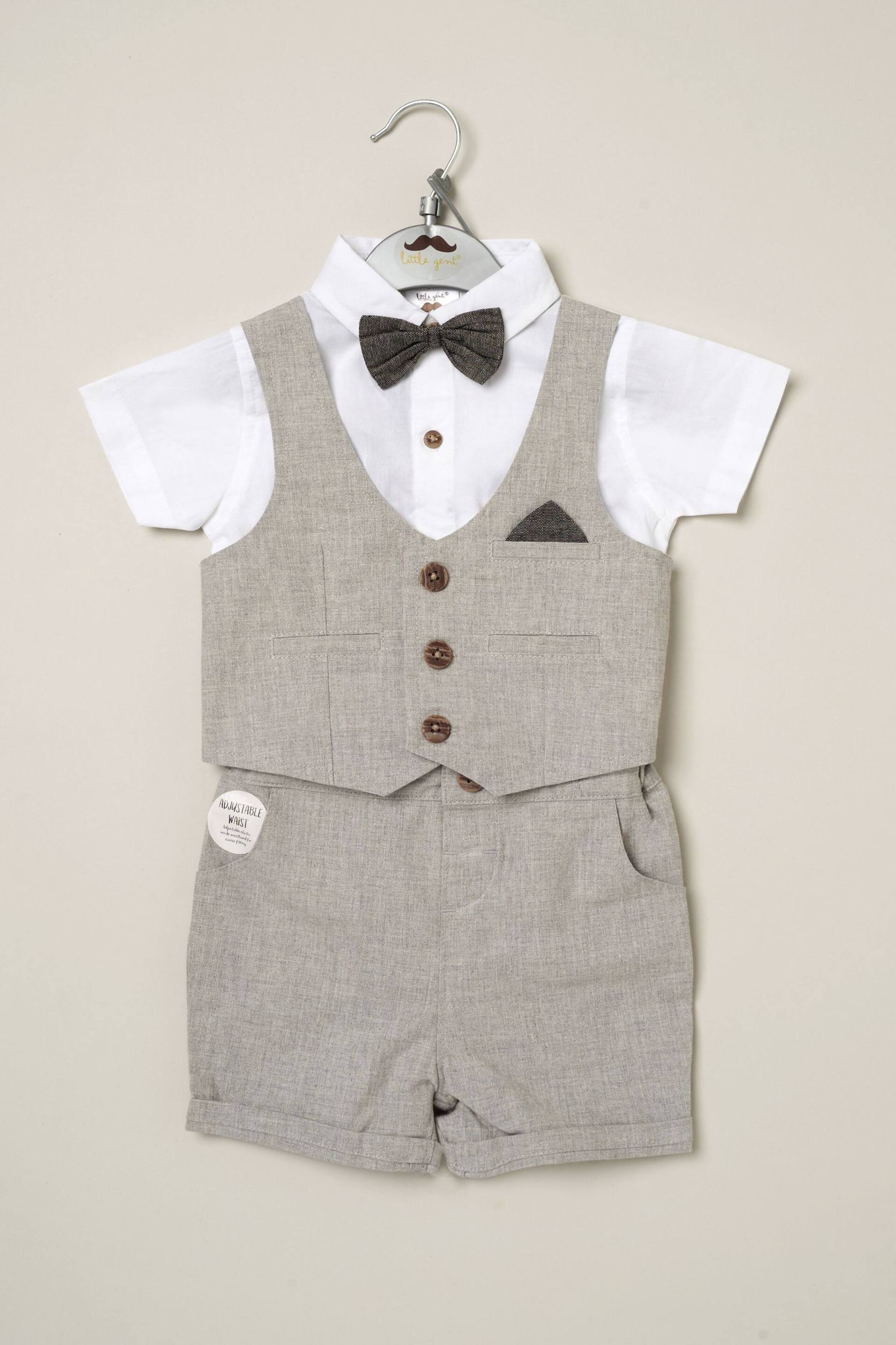 Little Gent Grey Shirt Bodysuit Bowtie Shirt, Waistcoat & Short Set - Image 2 of 4