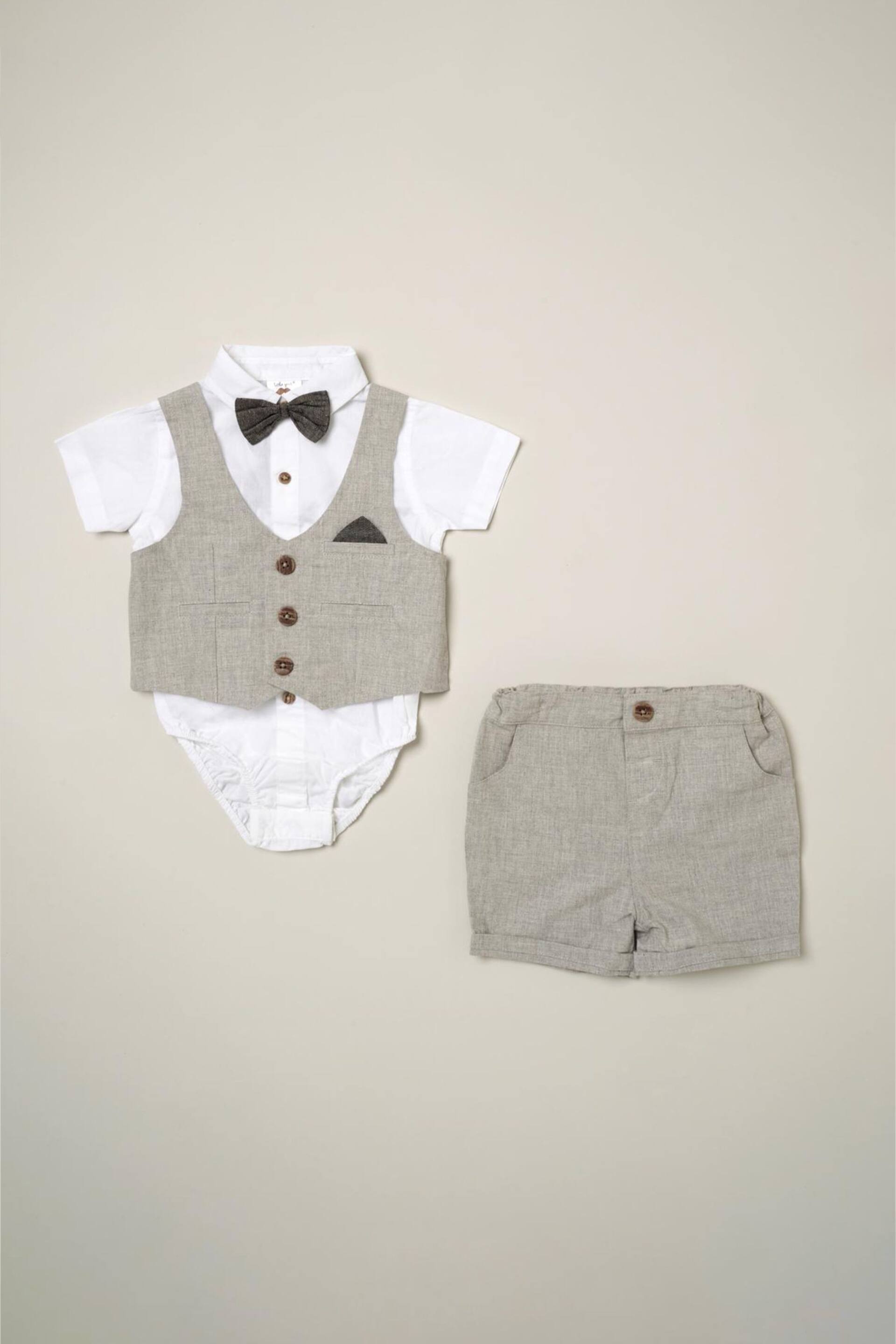 Little Gent Grey Shirt Bodysuit Bowtie Shirt, Waistcoat & Short Set - Image 3 of 4