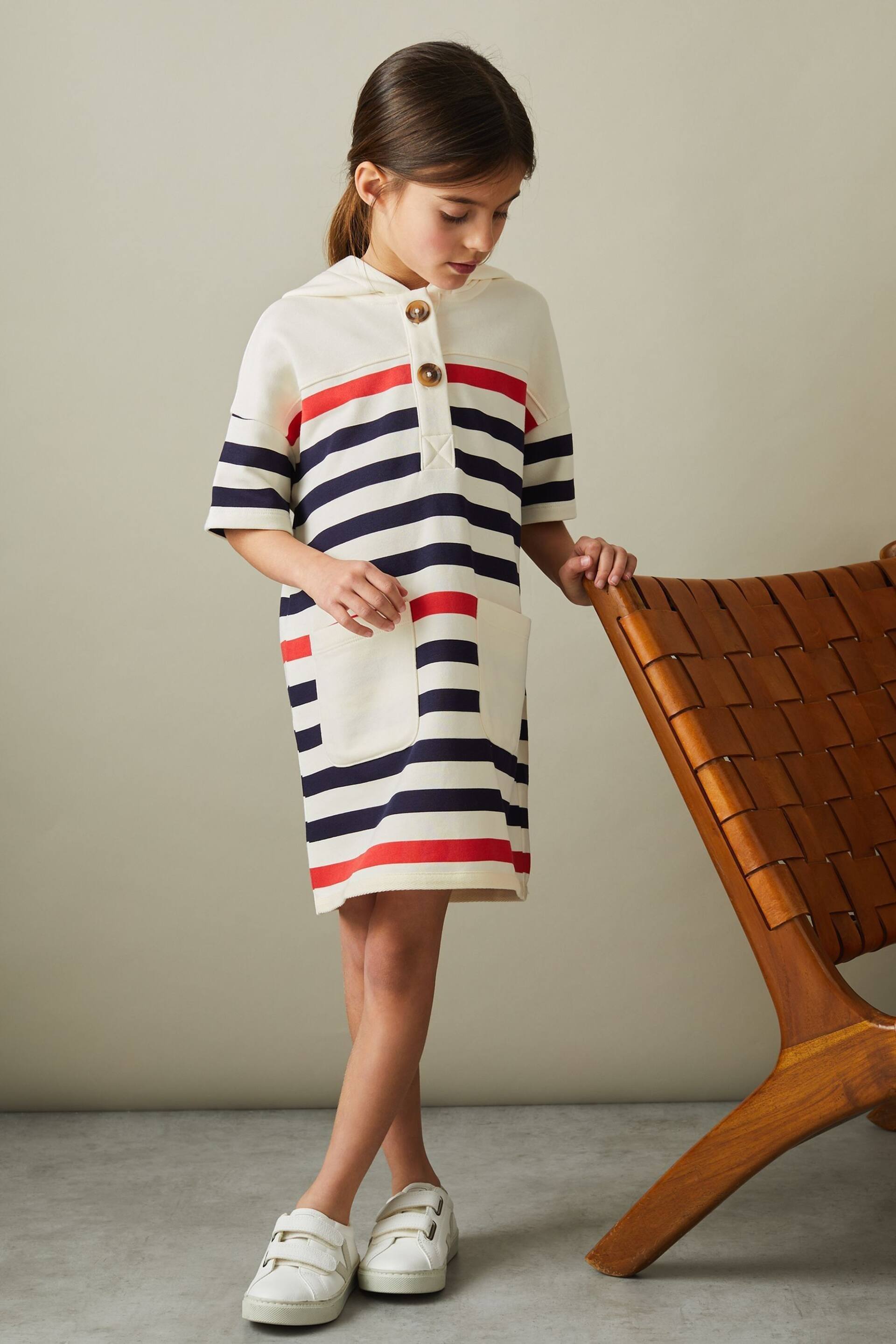 Reiss Ecru Martha Striped Jersey Hooded Dress - Image 1 of 4