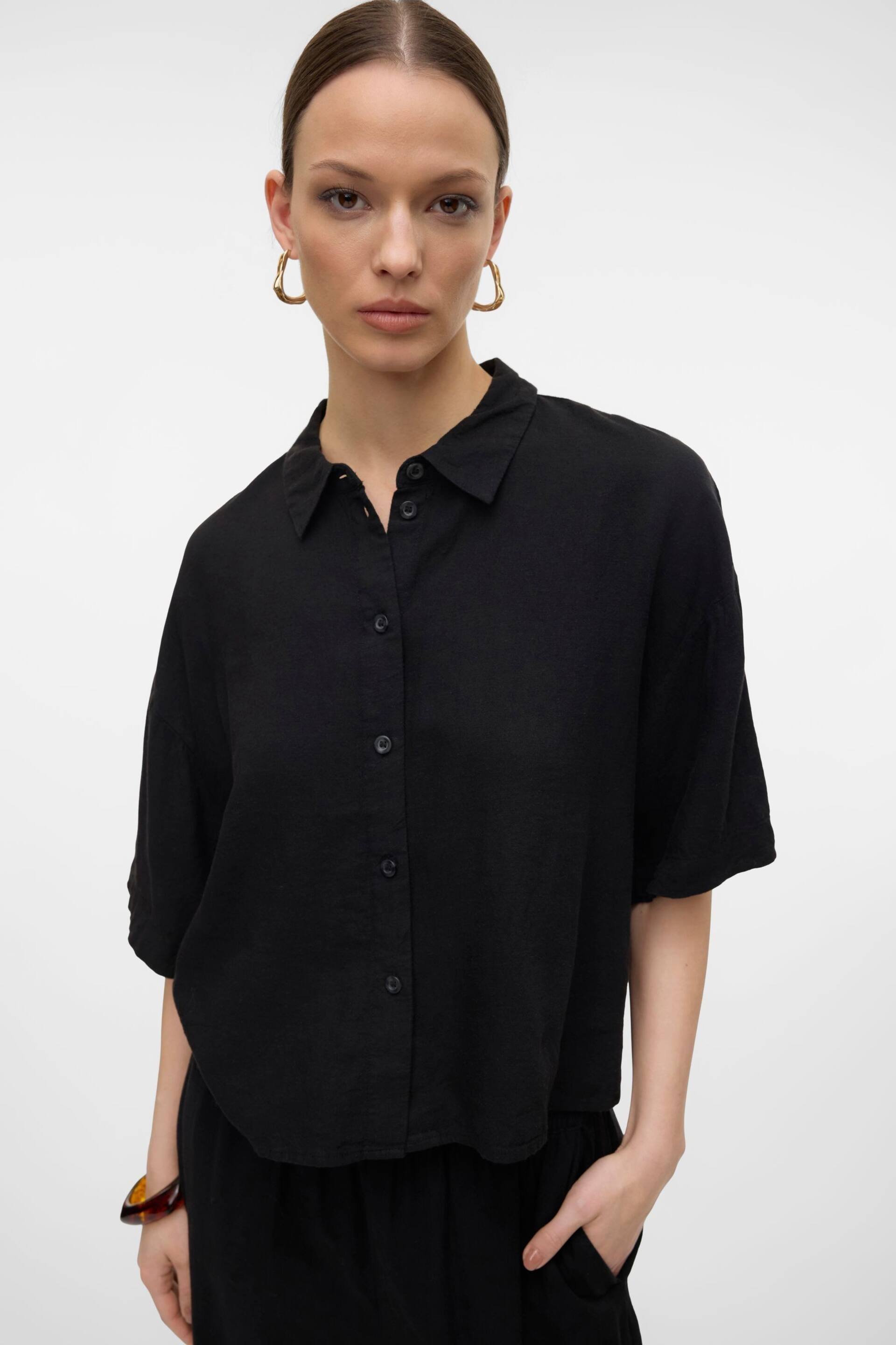 VERO MODA Black Linen Blend Short Sleeve Relaxed Shirt - Image 3 of 6