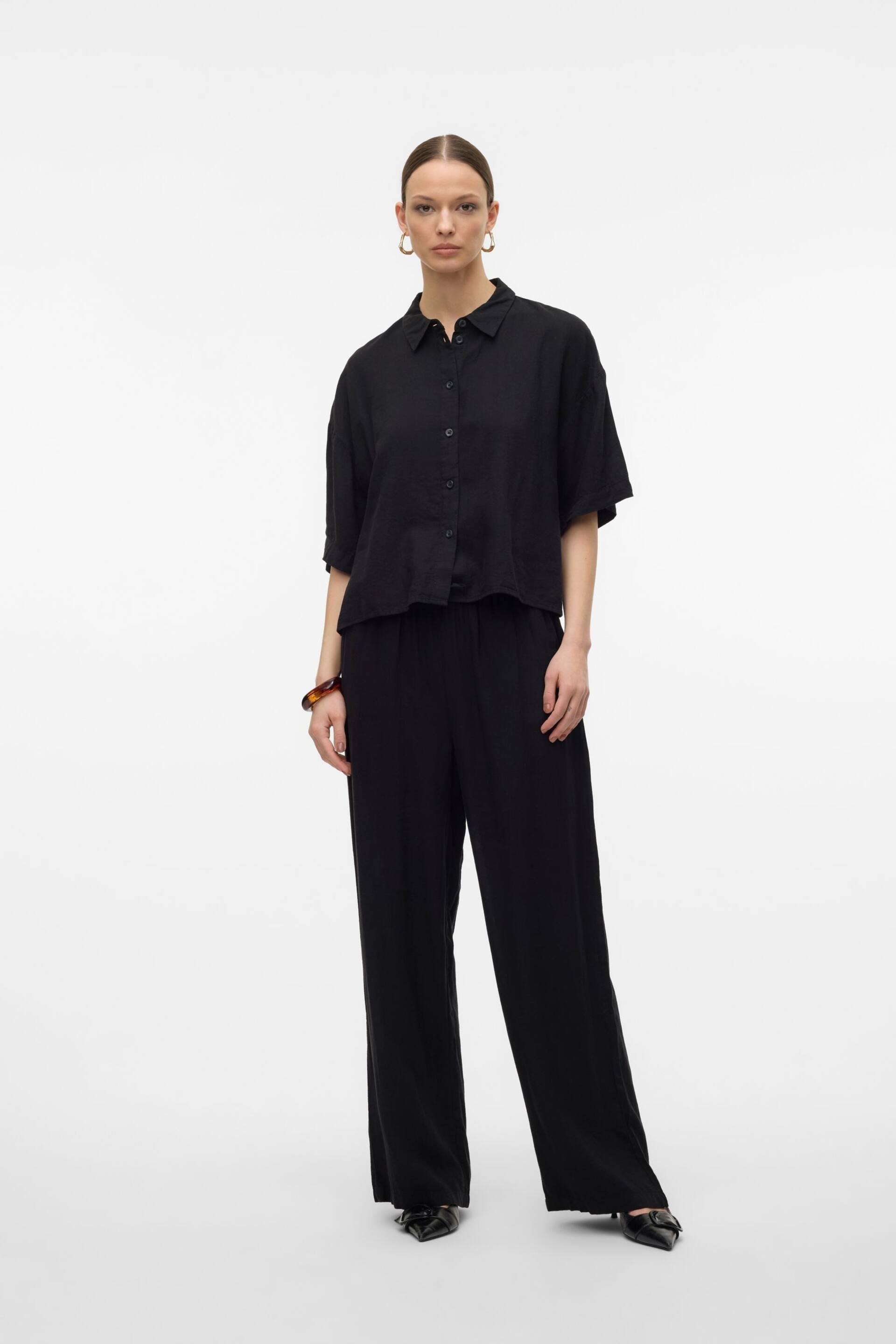 VERO MODA Black Linen Blend Short Sleeve Relaxed Shirt - Image 4 of 6