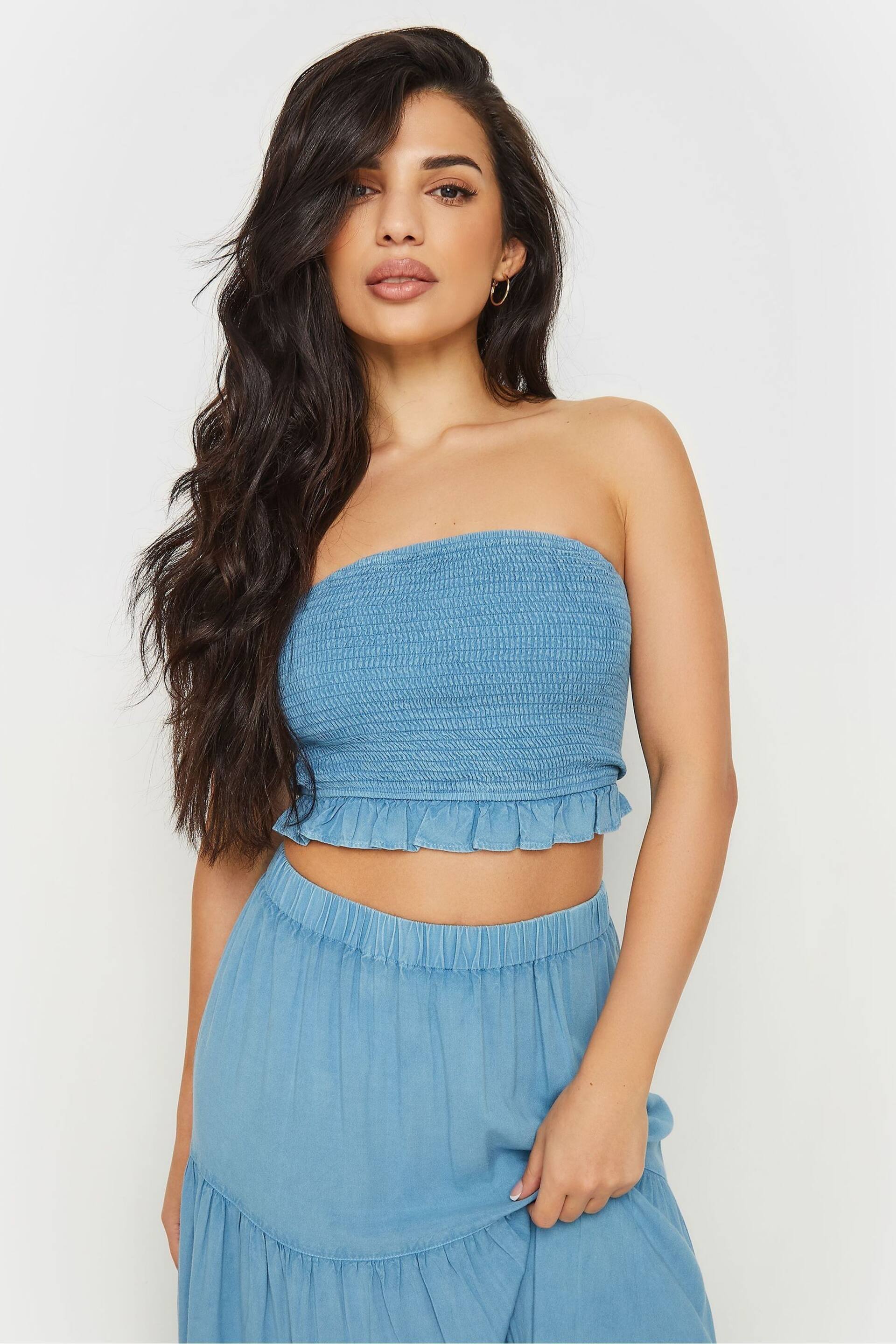 PixieGirl Petite Blue Chambray Shirred Bandeau Top - Image 4 of 5