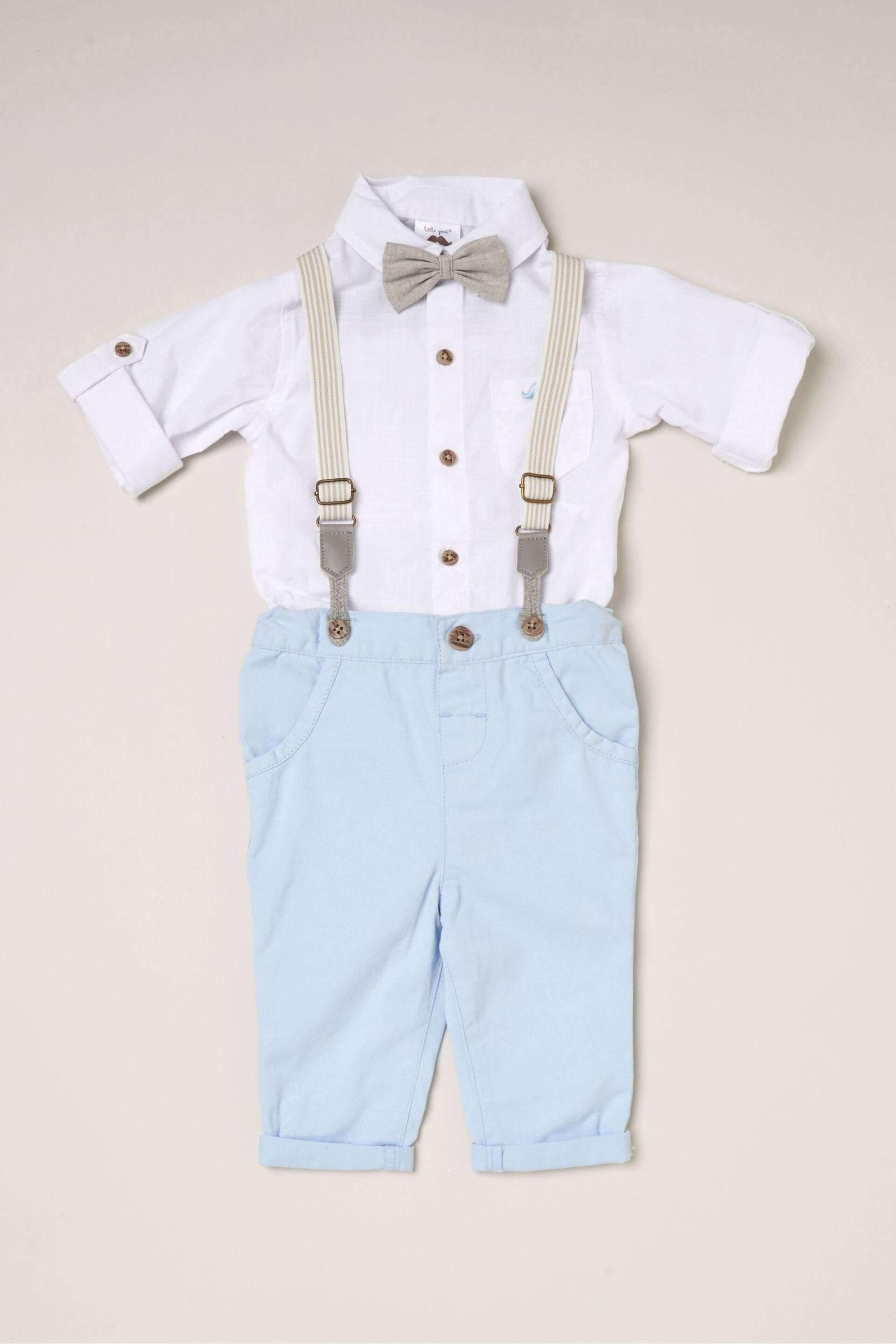 Little Gent Blue Shirt Bodysuit Bowtie Loop Brace & Trousers Outfit Set - Image 1 of 4