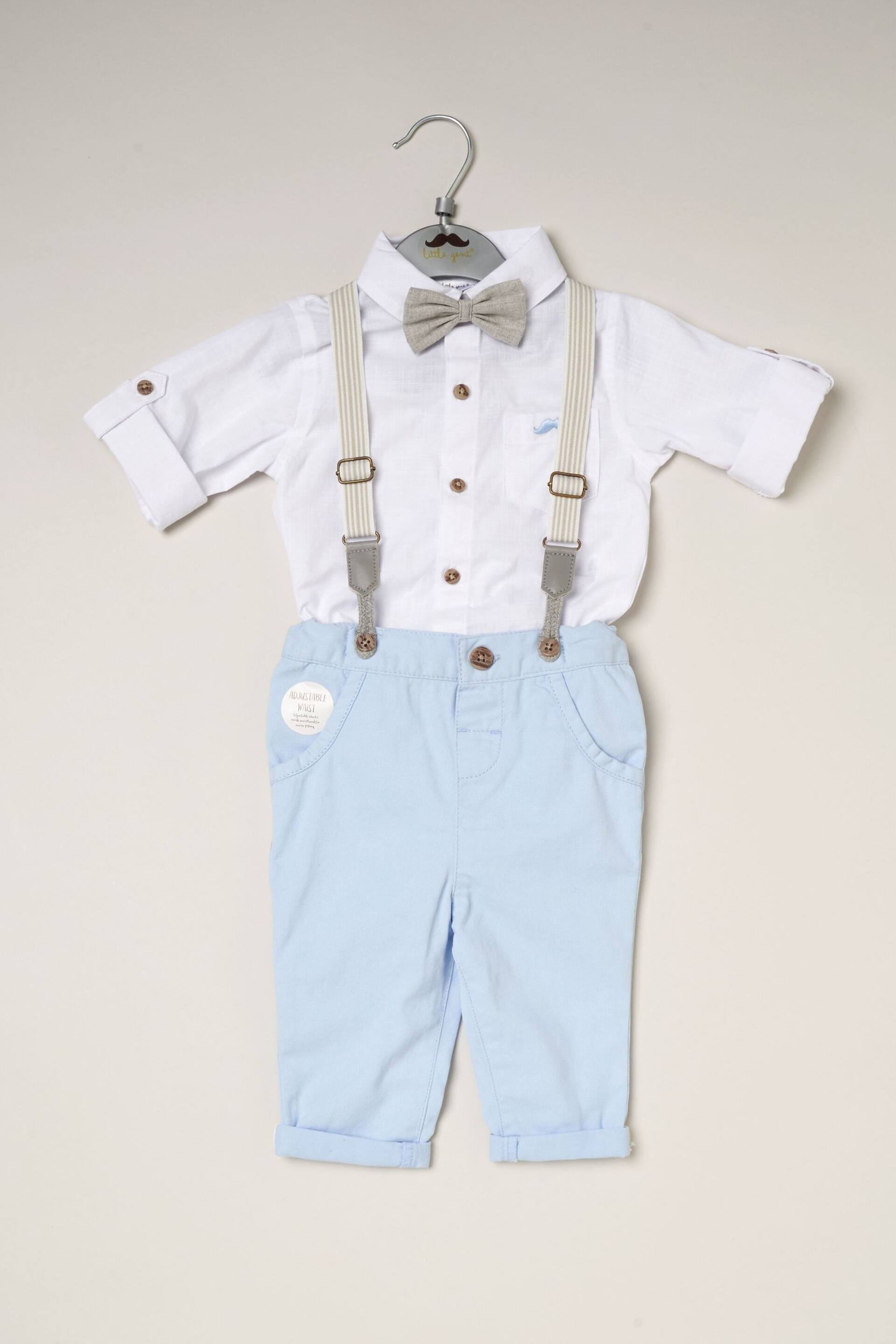 Little Gent Blue Shirt Bodysuit Bowtie Loop Brace & Trousers Outfit Set - Image 2 of 4