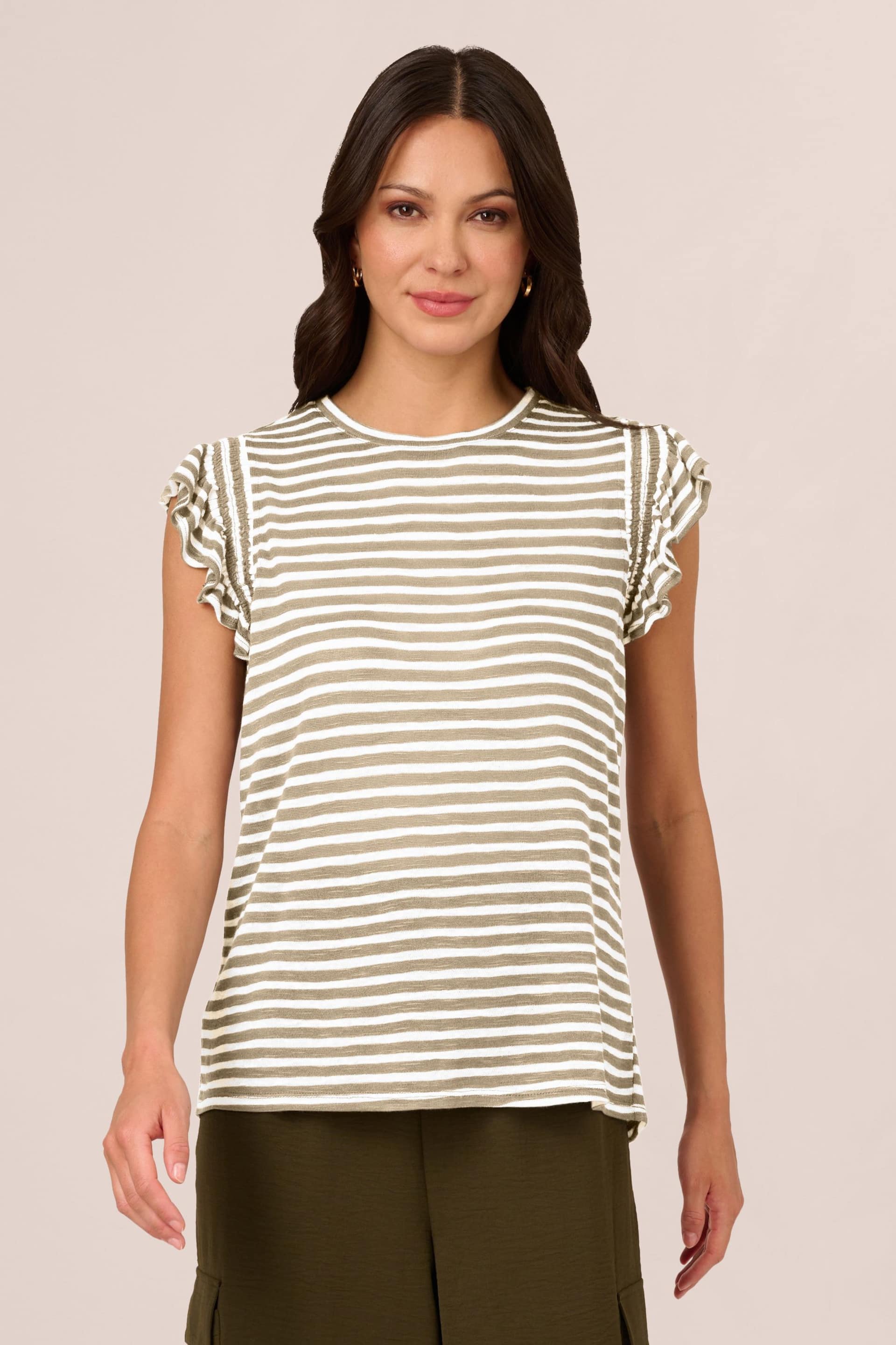 Adrianna Papell Green Ruffle Sleeve Striped Crew Neck Slub T-Shirt - Image 1 of 6