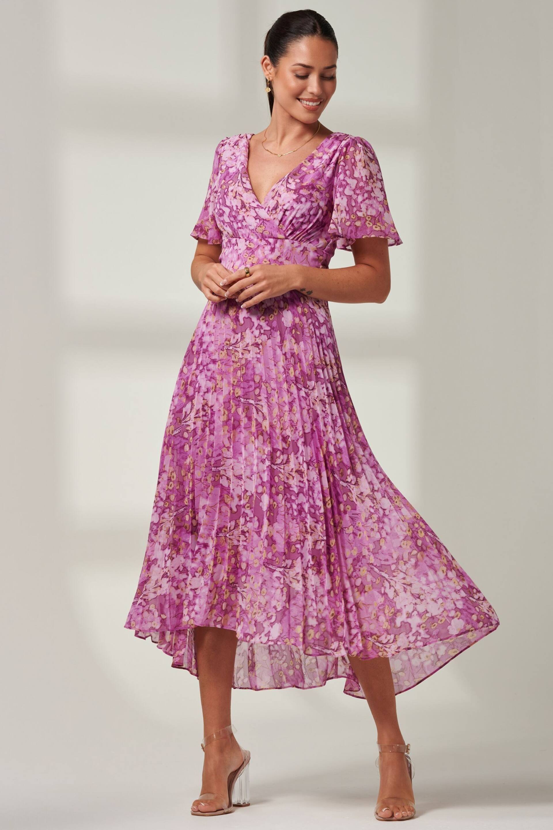 Jolie Moi Purple Floral Pleated Dip Hem Chiffon Maxi Dress - Image 1 of 6