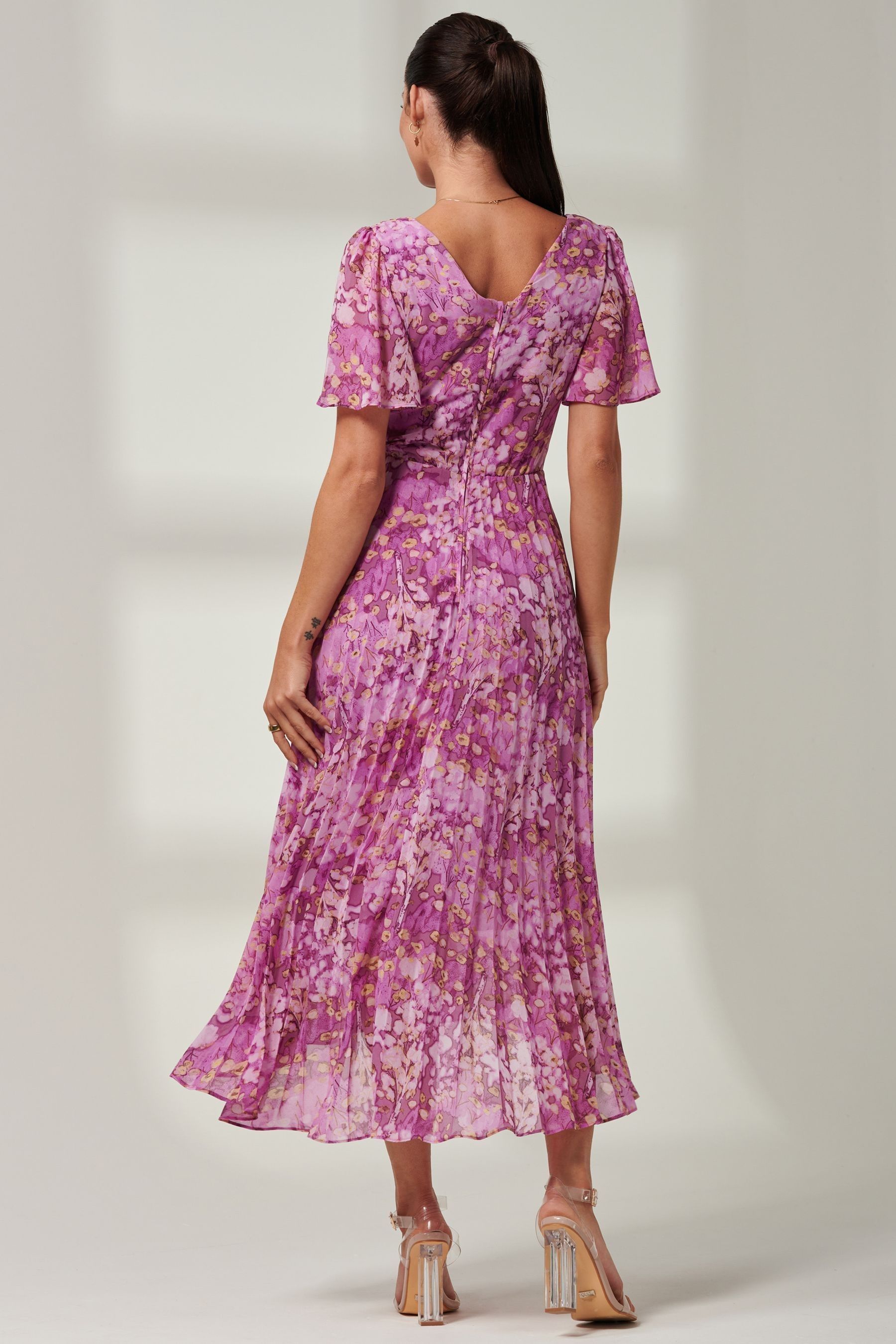 Jolie Moi Purple Floral Pleated Dip Hem Chiffon Maxi Dress - Image 2 of 6