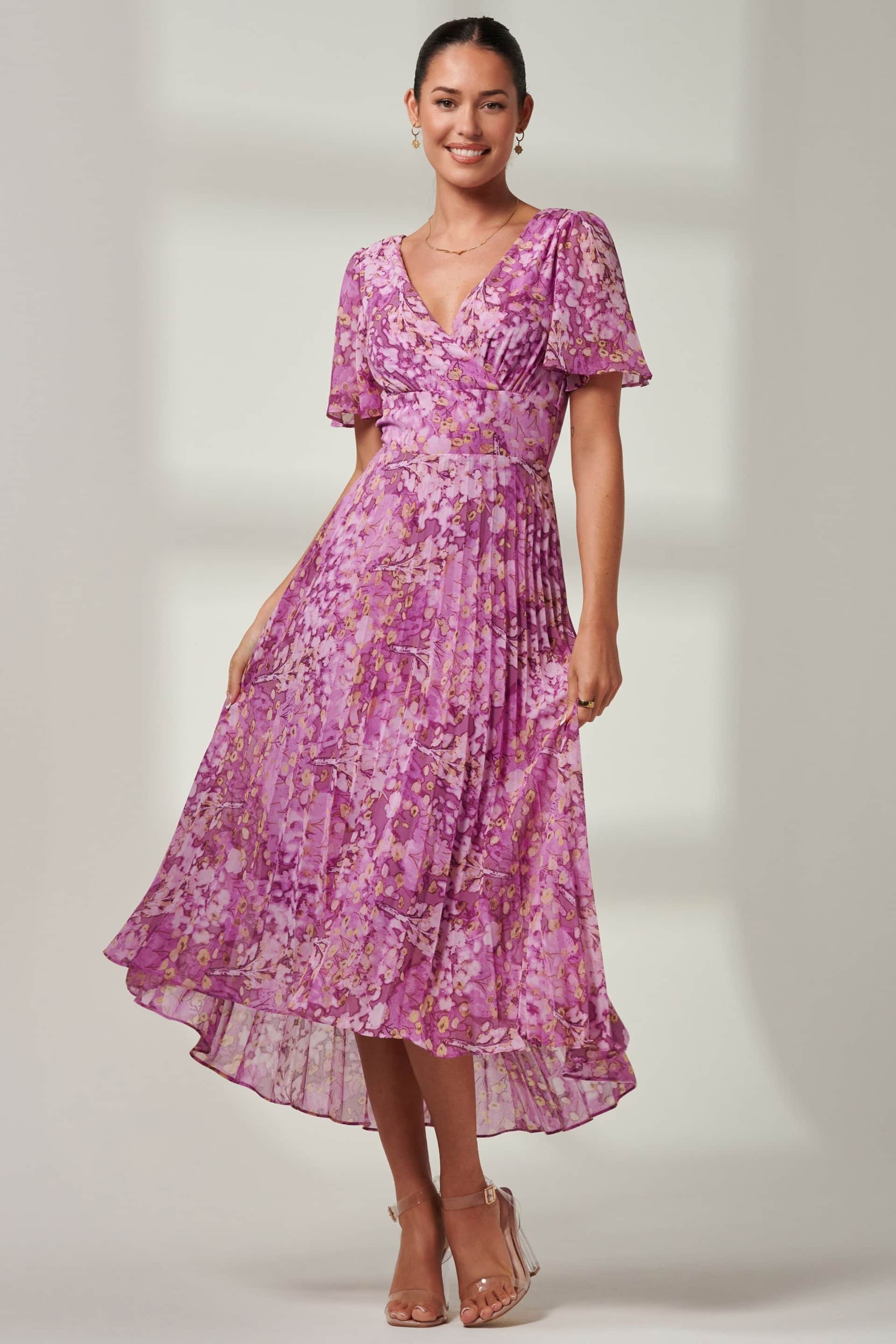 Jolie Moi Purple Floral Pleated Dip Hem Chiffon Maxi Dress - Image 5 of 6