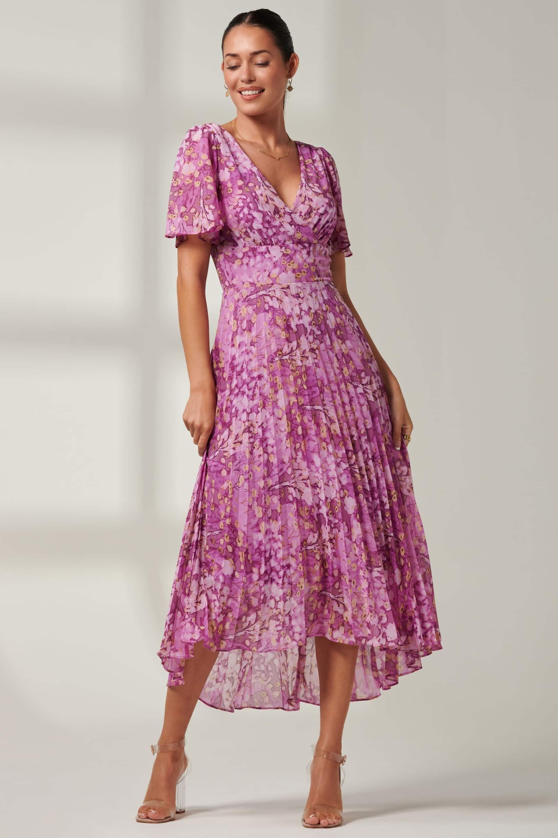 Jolie Moi Purple Floral Pleated Dip Hem Chiffon Maxi Dress - Image 6 of 6