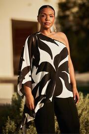 Live Unlimited Curve Mono Geo Print One Shoulder Overlay Black Top - Image 2 of 7