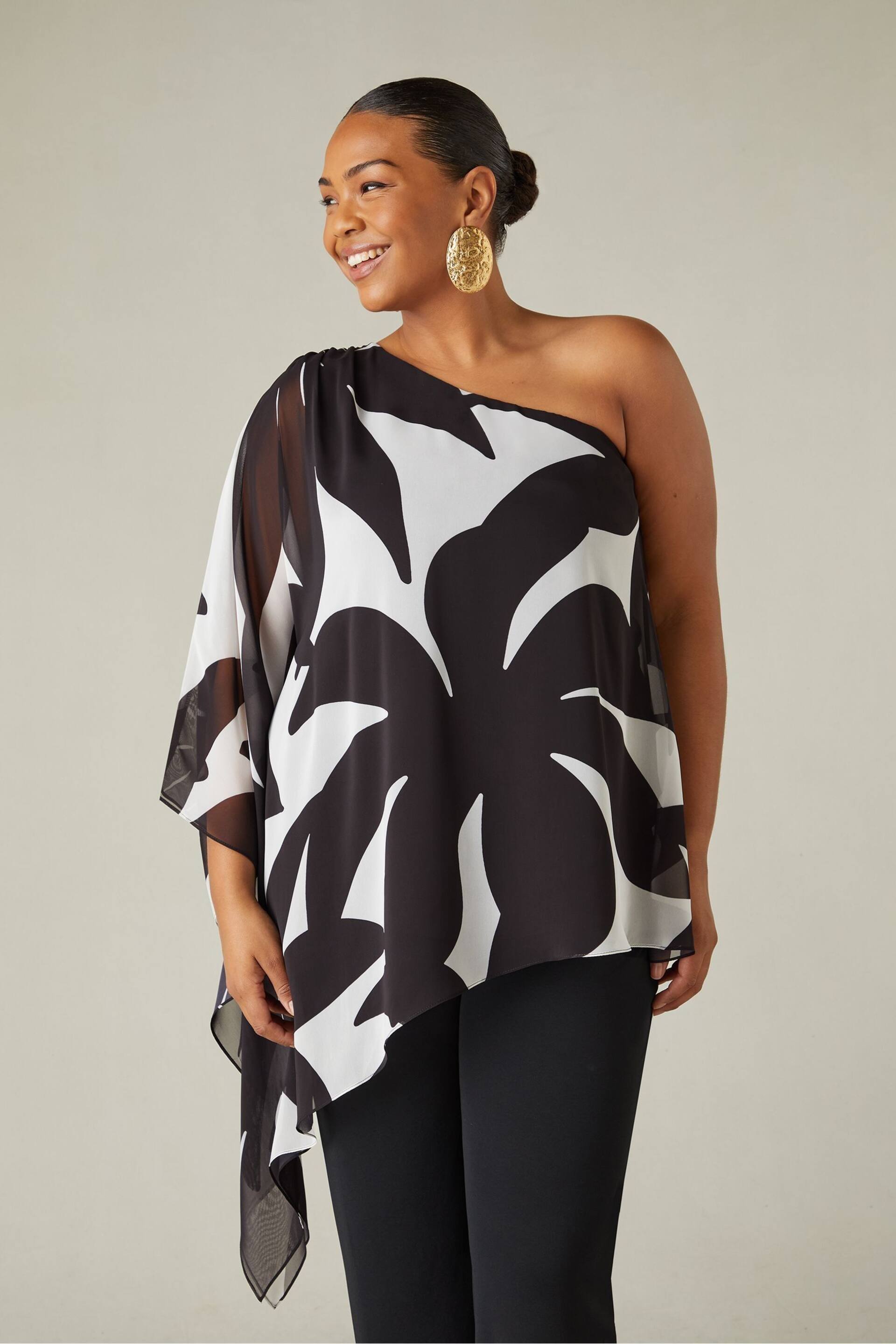 Live Unlimited Curve Mono Geo Print One Shoulder Overlay Black Top - Image 3 of 7
