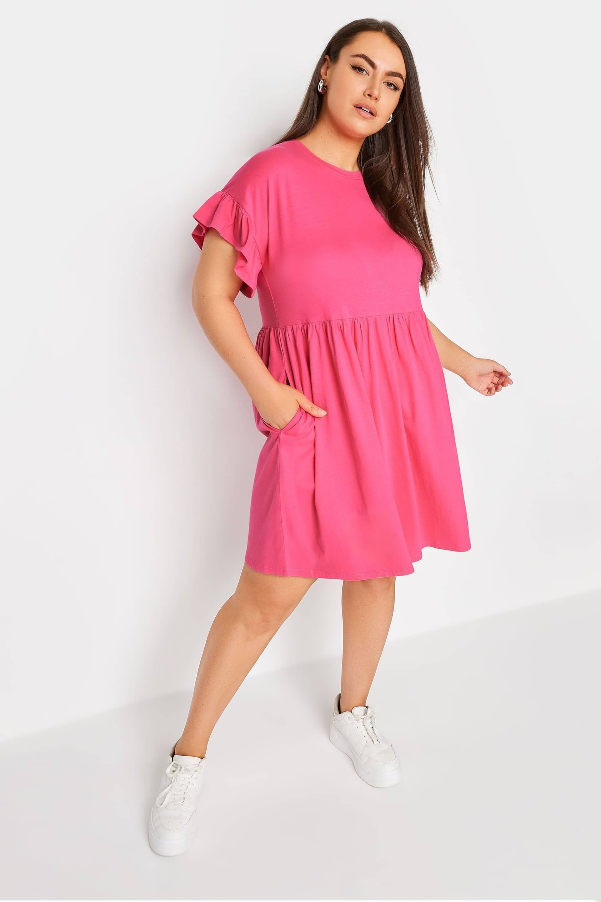 Yours Curve Pink YOURS Curve Pink Frill Sleeve Smock Tunic Dress - Image 2 of 5