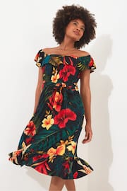 Joe Browns Black Tropical Frilly Bardot Tie Waist Jersey Dress - Image 3 of 7