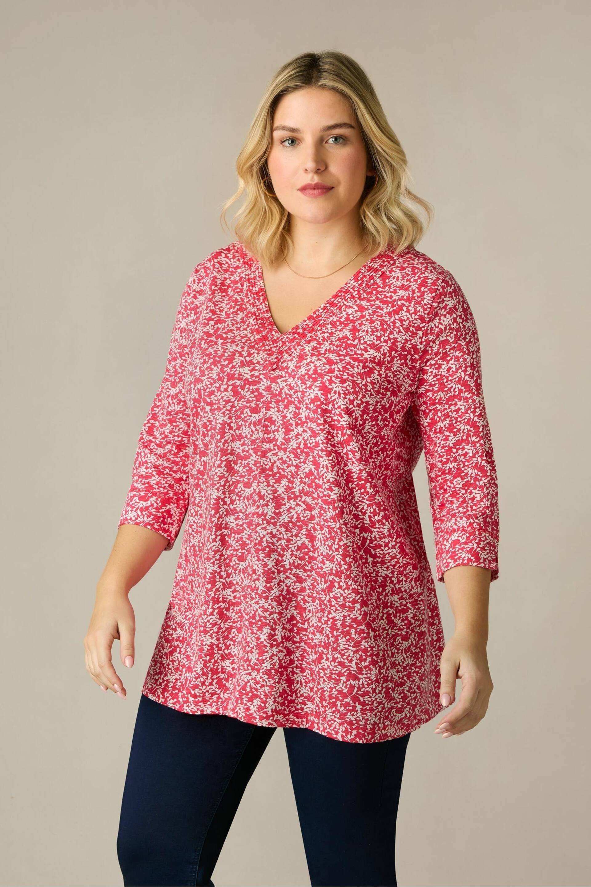 Live Unlimited Curve Red Sprig Print Cotton Slub Relaxed Tunic - Image 3 of 8