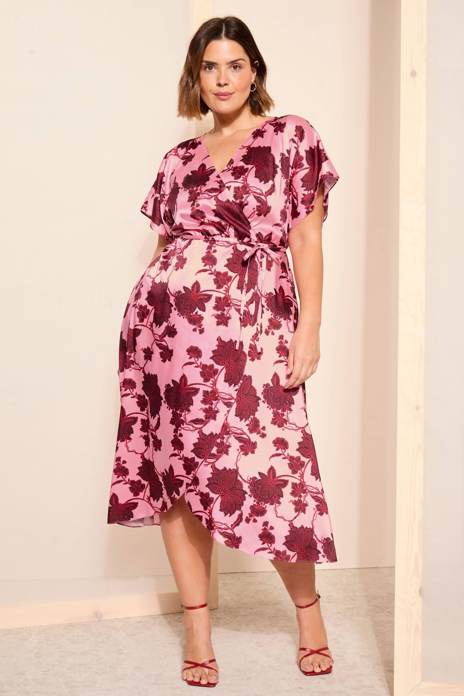 Curves Like These Pink Satin Flutter Sleeve Wrap Midi Dress - Image 1 of 4
