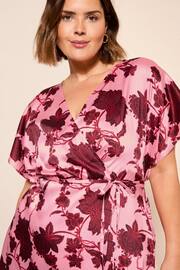 Curves Like These Pink Satin Flutter Sleeve Wrap Midi Dress - Image 2 of 4