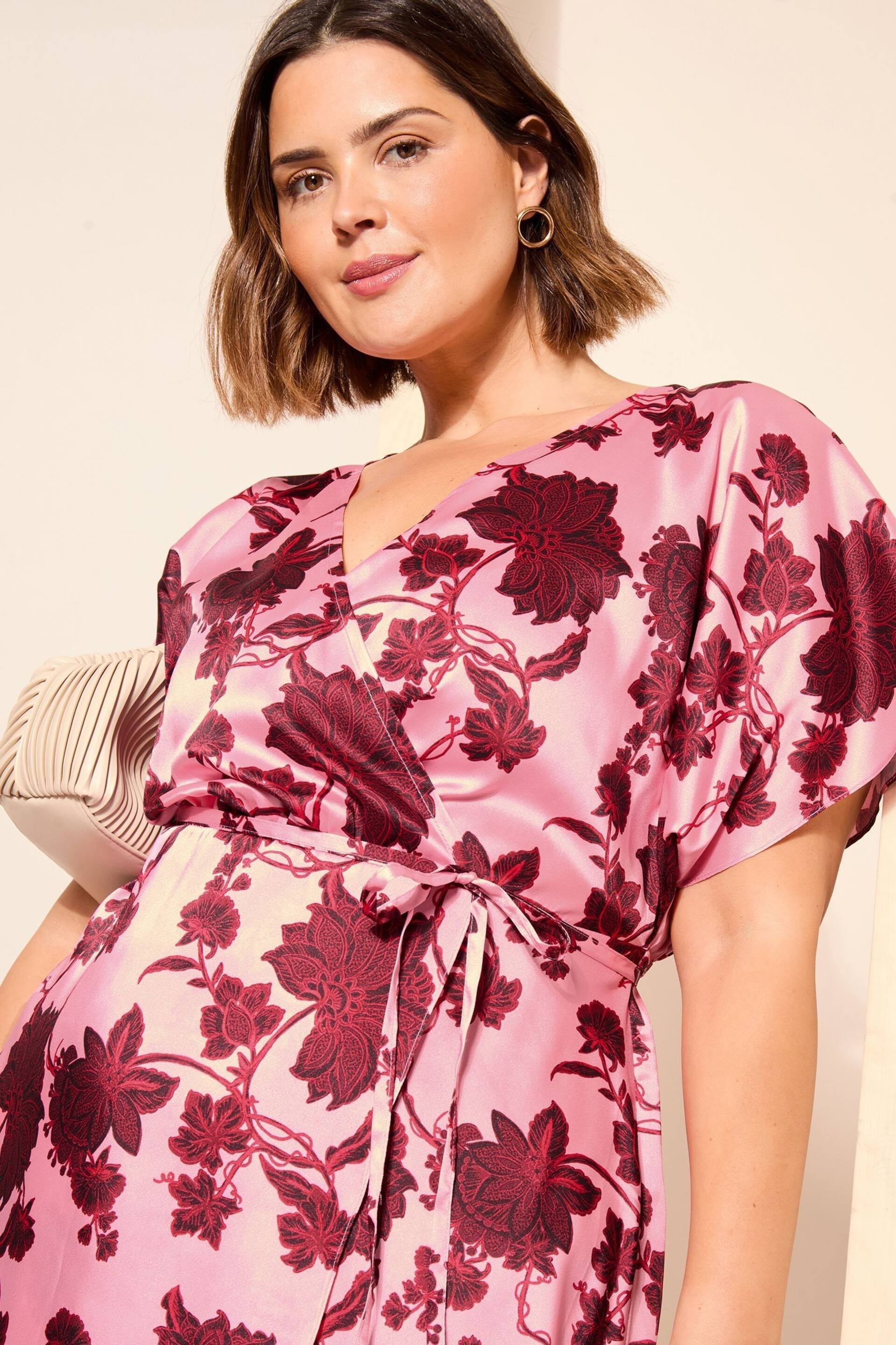 Curves Like These Pink Satin Flutter Sleeve Wrap Midi Dress - Image 3 of 4