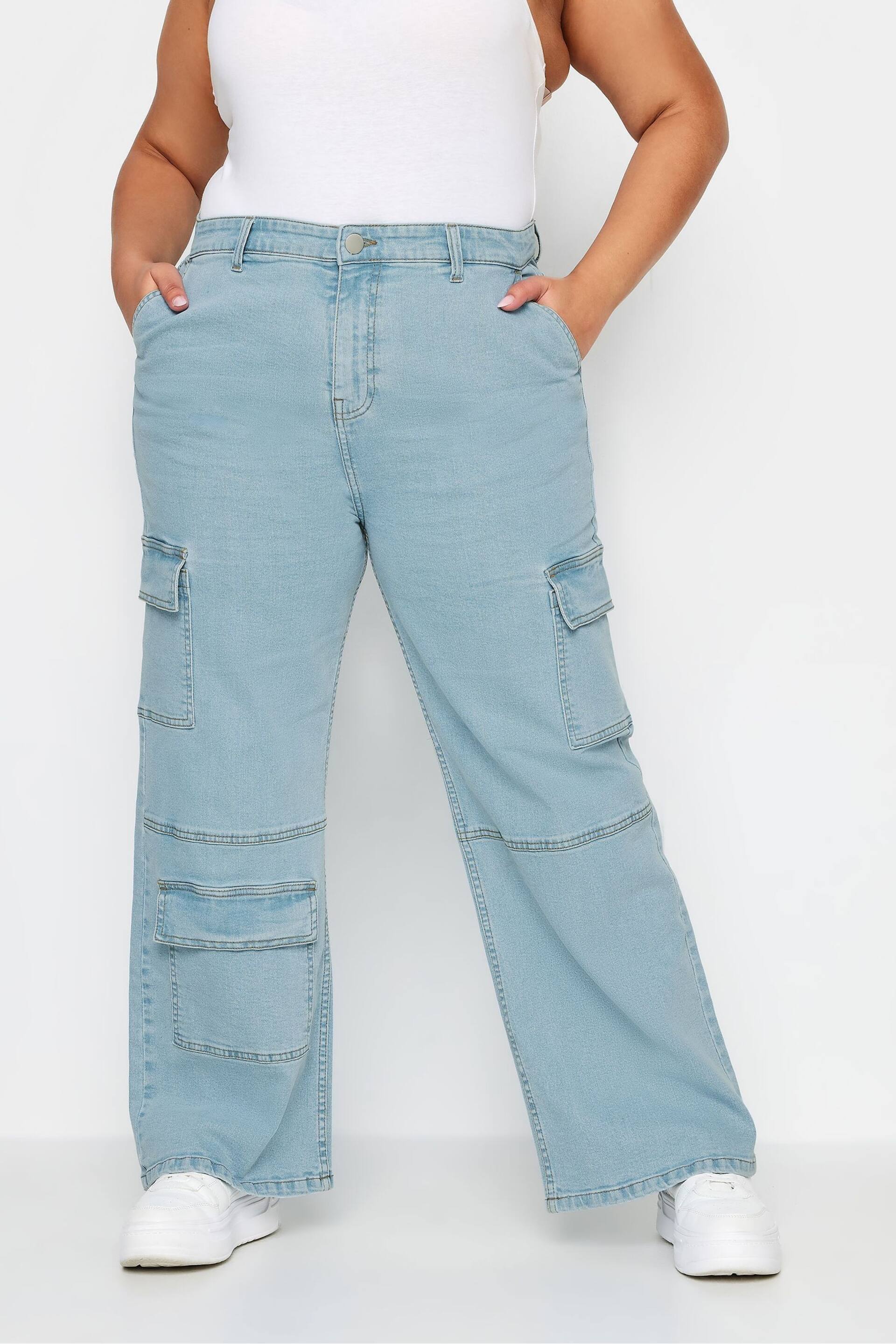 Yours Curve Blue Limited Collection Wide Leg Cargo Jeans - Image 1 of 4