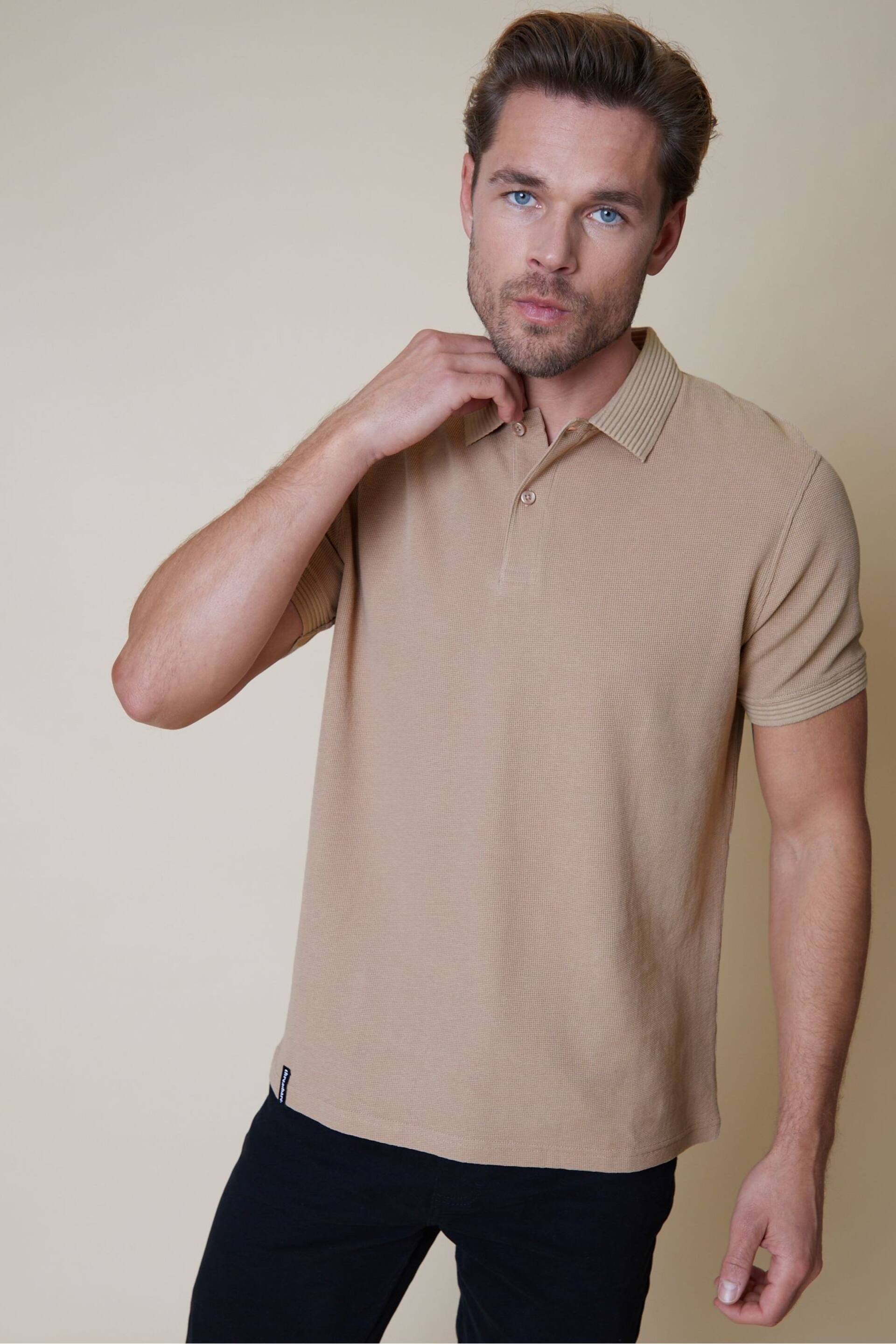 Threadbare Stone Cotton Polo Shirt With Herringbone Detail Collar - Image 1 of 4