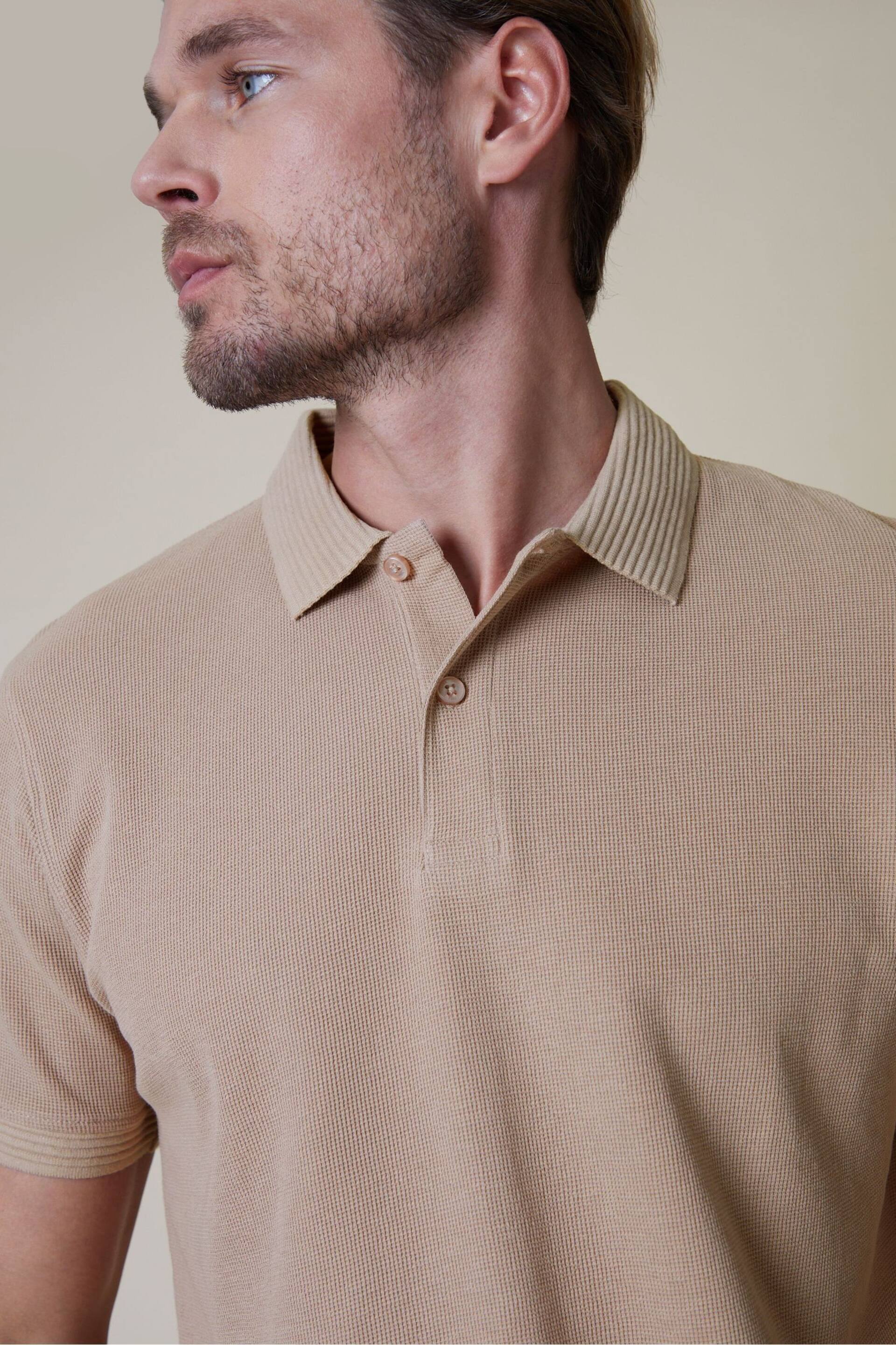 Threadbare Stone Cotton Polo Shirt With Herringbone Detail Collar - Image 4 of 4