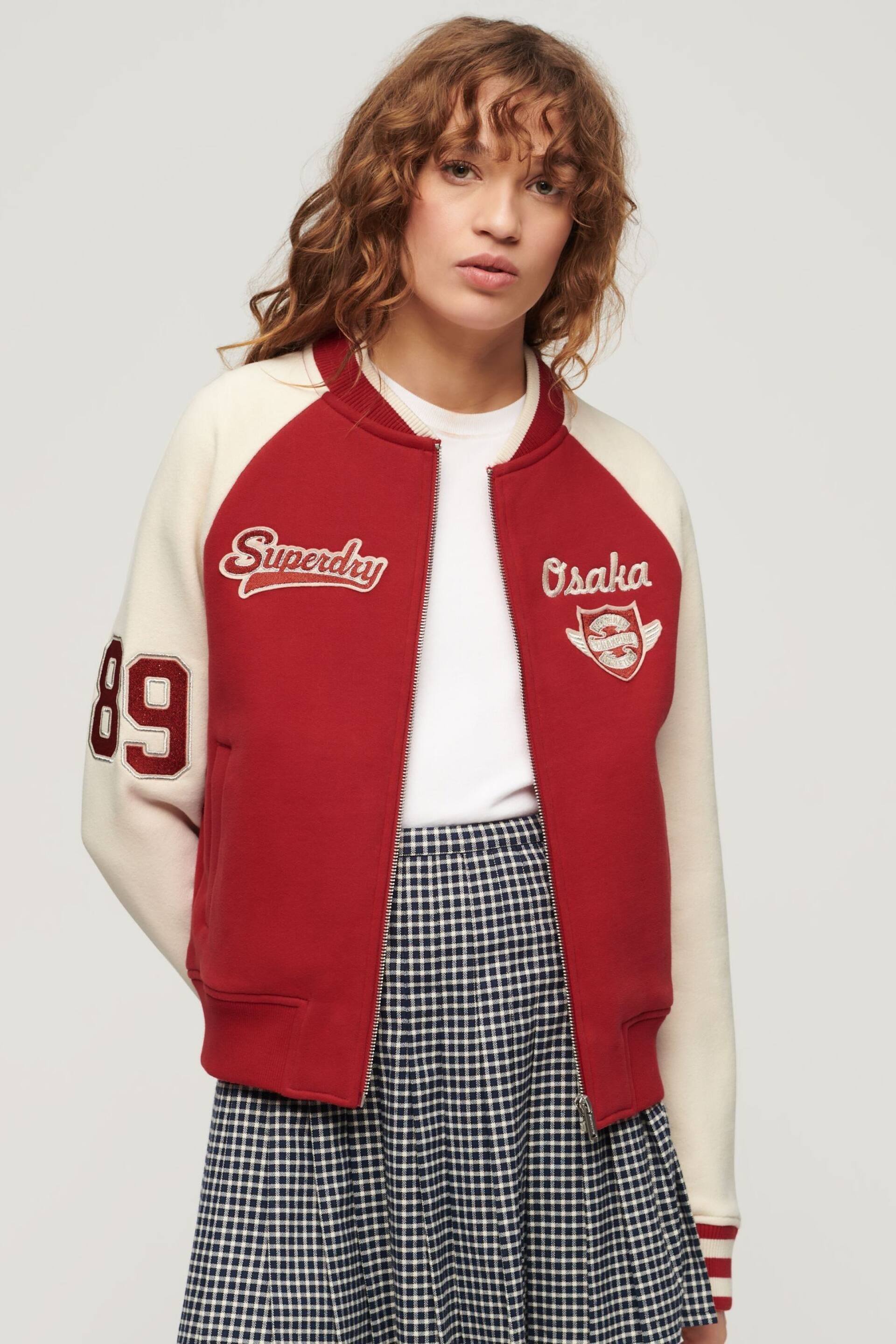 Superdry Red College Graphic Jersey Bomber Jacket - Image 1 of 3