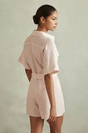 Reiss Pink Selina Linen Belted Playsuit - Image 4 of 5