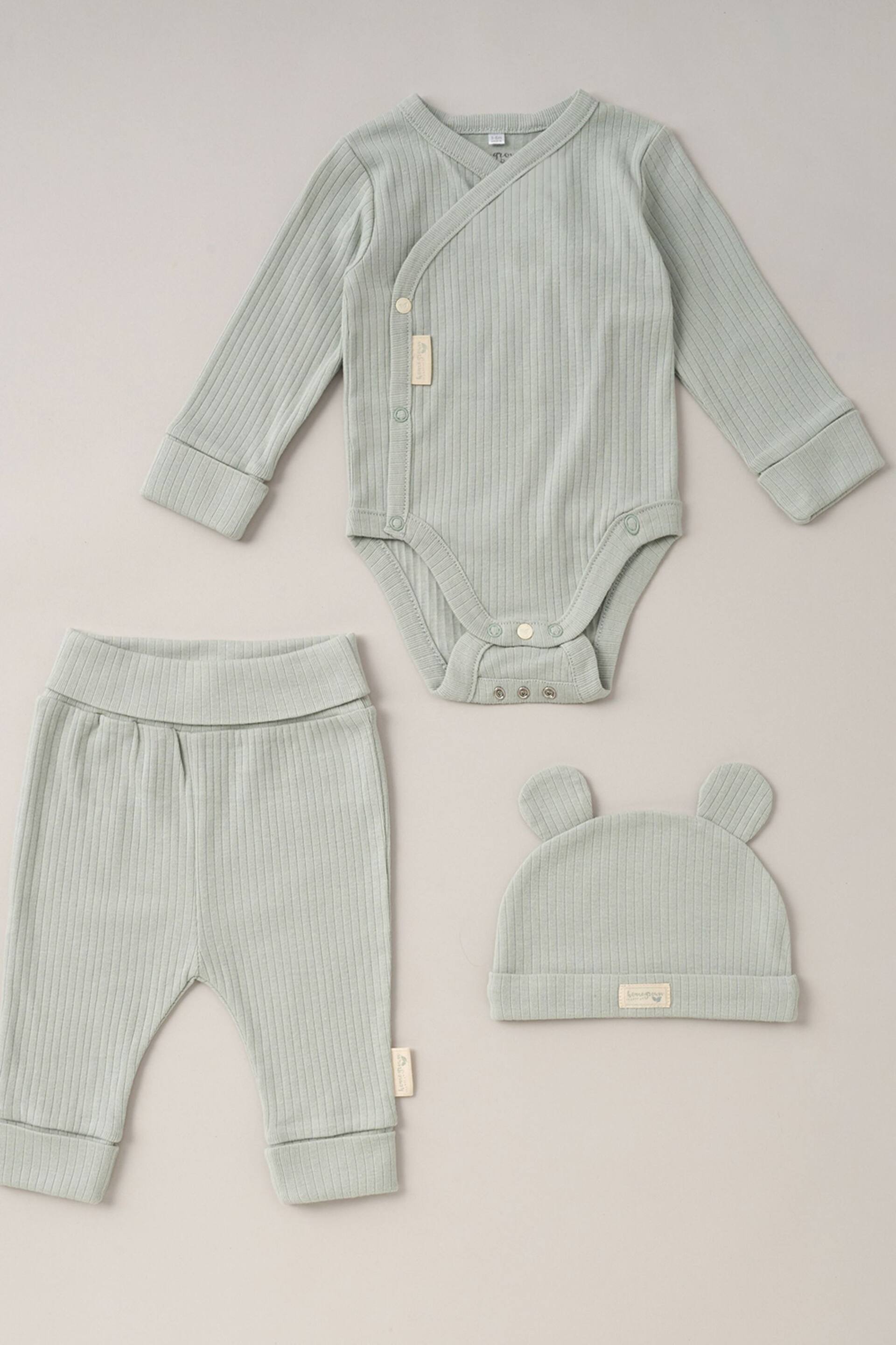 Homegrown Green 3 Piece Ribbed Bodysuit Joggers And Bear Hat Set - Image 1 of 5