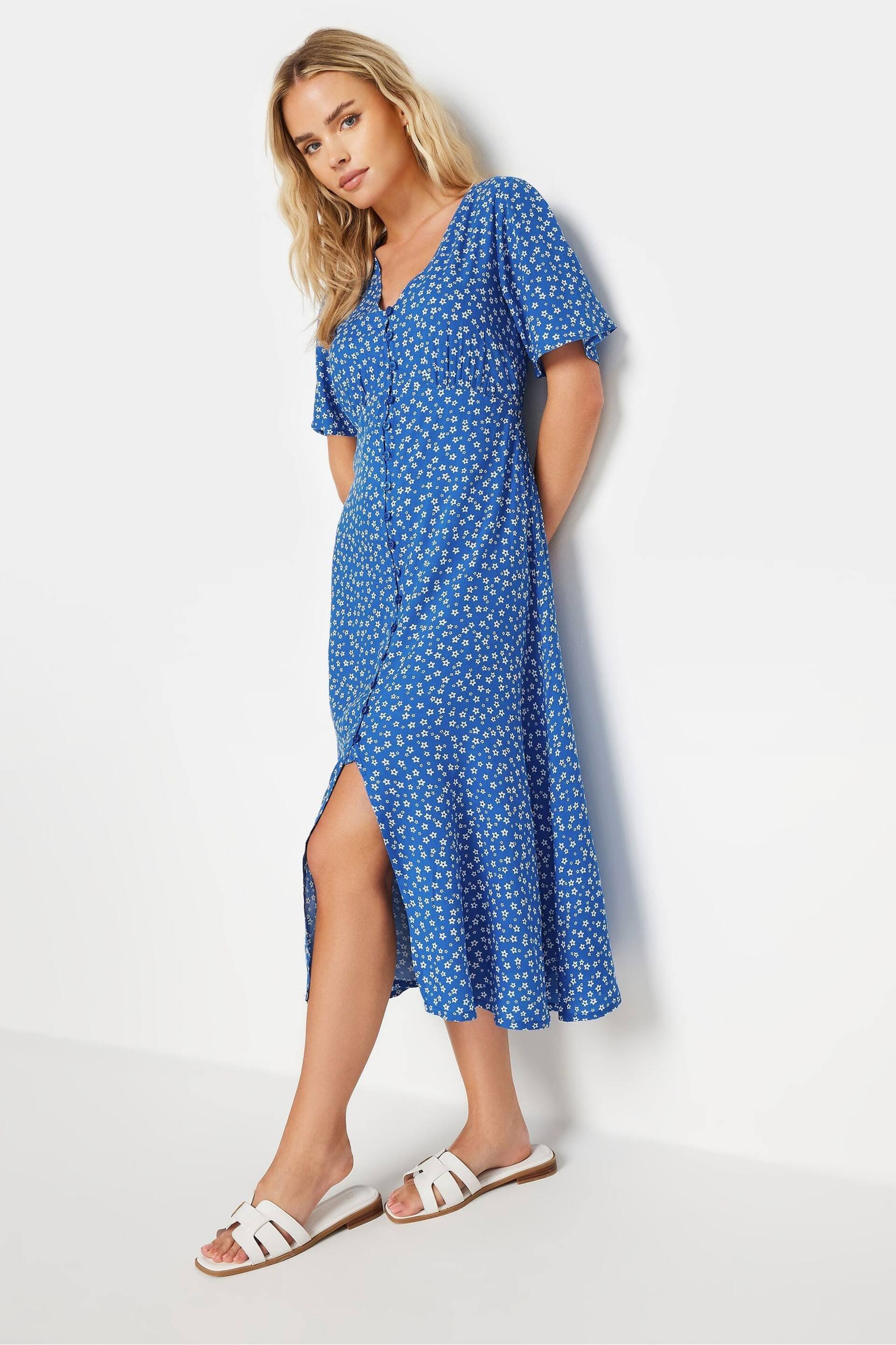 PixieGirl Petite Blue l Blue Ditsy Floral Print Button Front Midi Dress - Image 3 of 6