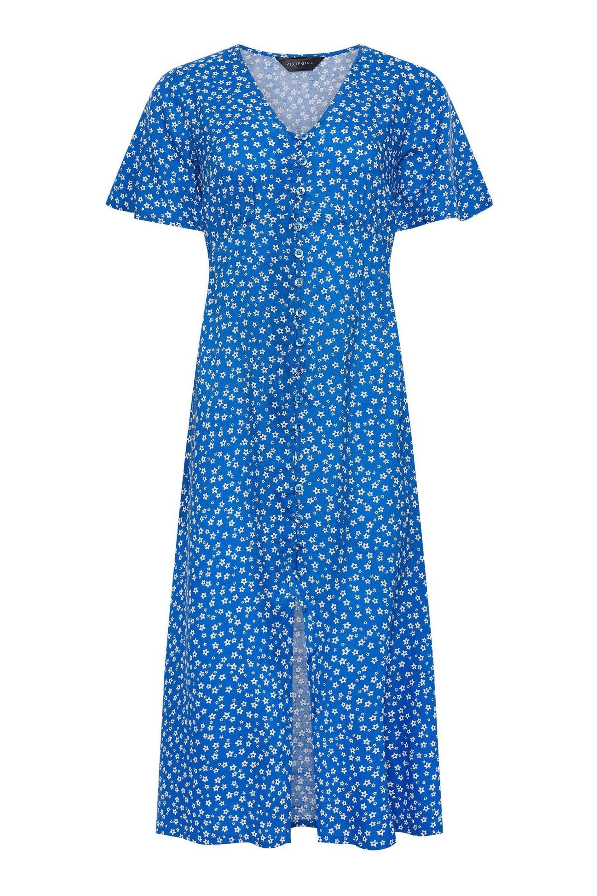 PixieGirl Petite Blue l Blue Ditsy Floral Print Button Front Midi Dress - Image 6 of 6