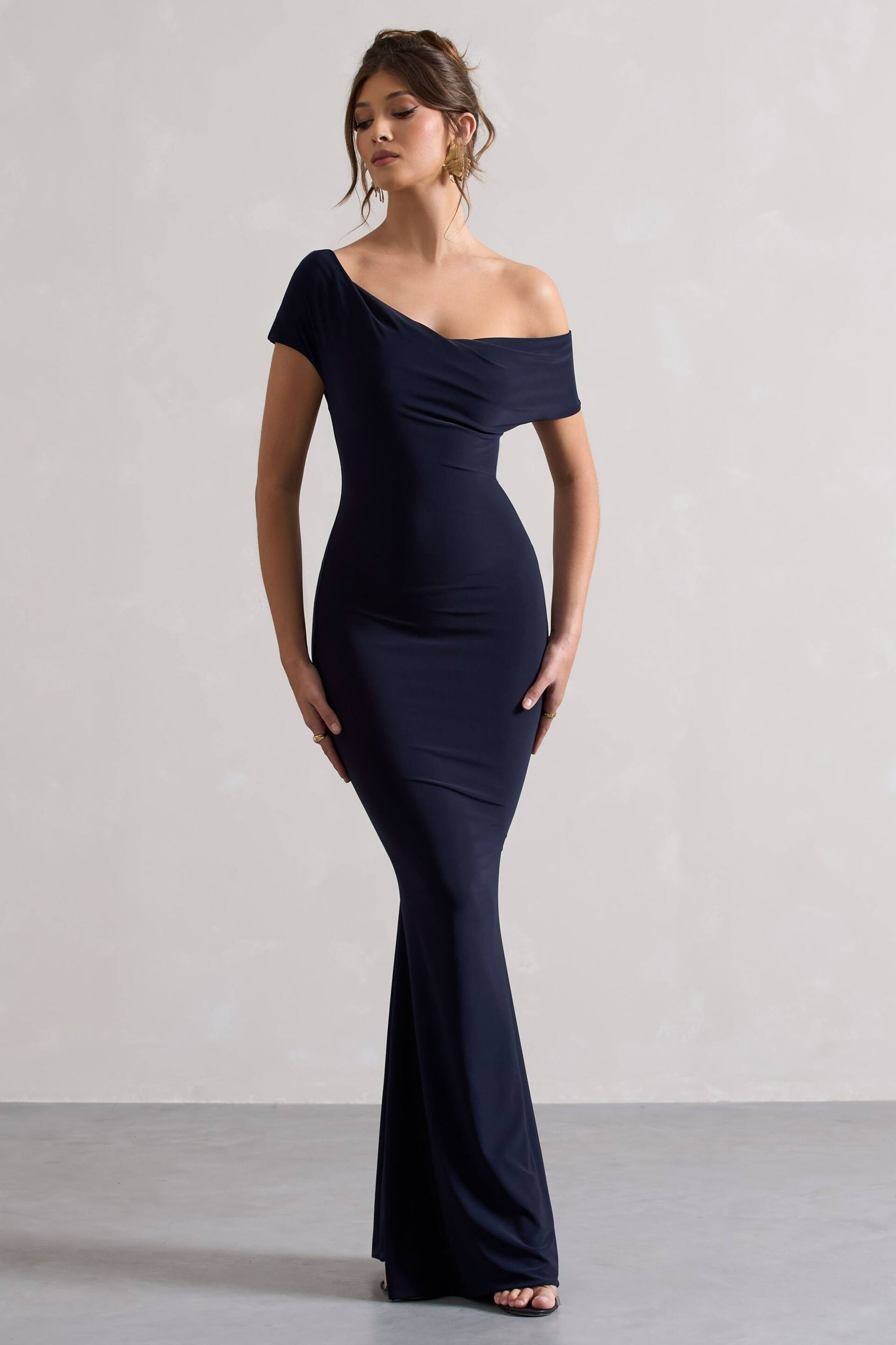 Club L London Navy Blue Avila Asymmetric Bardot Maxi Dress - Image 1 of 5