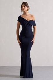 Club L London Navy Blue Avila Asymmetric Bardot Maxi Dress - Image 2 of 5