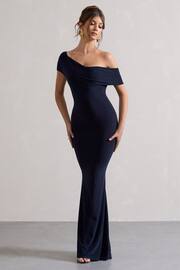 Club L London Navy Blue Avila Asymmetric Bardot Maxi Dress - Image 3 of 5