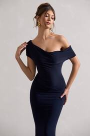 Club L London Navy Blue Avila Asymmetric Bardot Maxi Dress - Image 4 of 5
