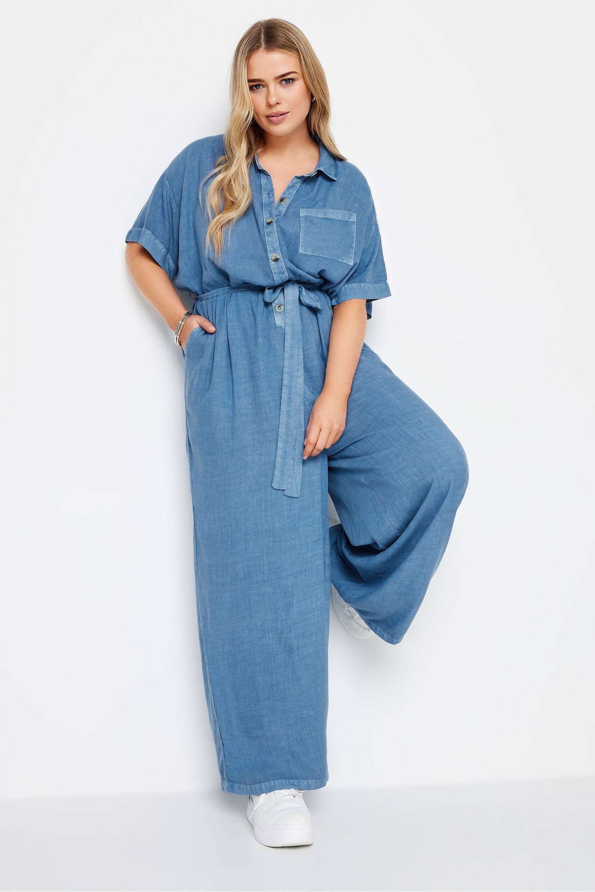 Yours Curve Blue LIMITED COLLECTION Curve Blue Chambray Wide Leg Jumpsuit - Image 2 of 7