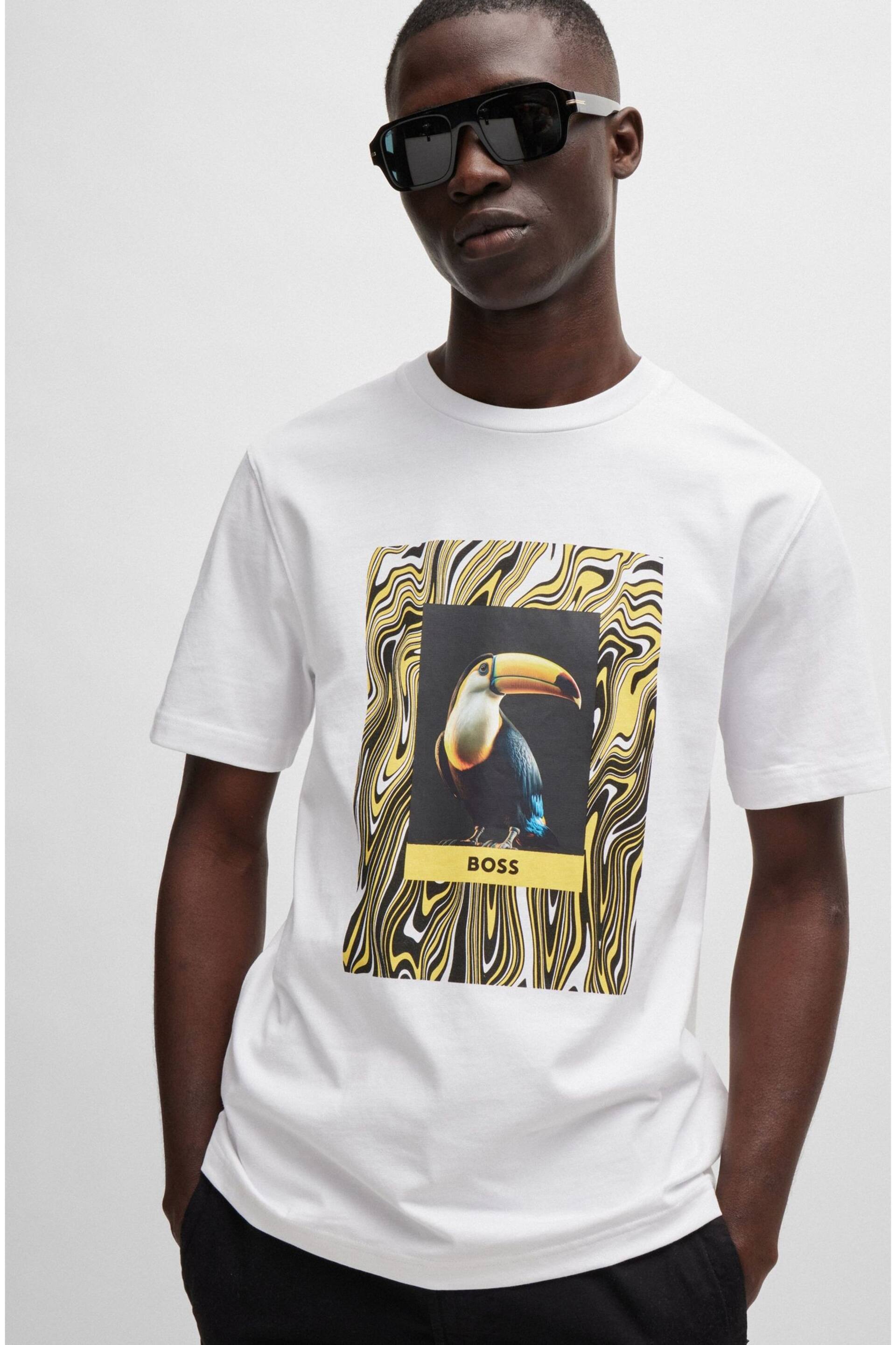 BOSS White/Yellow Cotton-Jersey Regular-Fit T-Shirt With Seasonal Artwork - Image 1 of 5